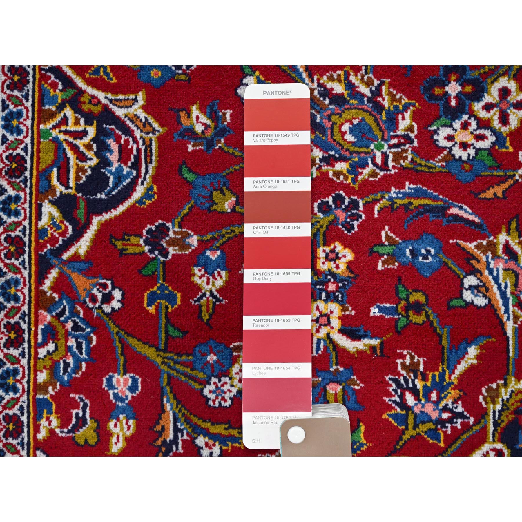 10'1"x13' Angels Red, Blue Border and Corners, Old Persian Kashan Hand Knotted Medallion Design, Nomad Creation, Full Pile, Vegetable Dyes, All Wool Oriental Rug Sh86697