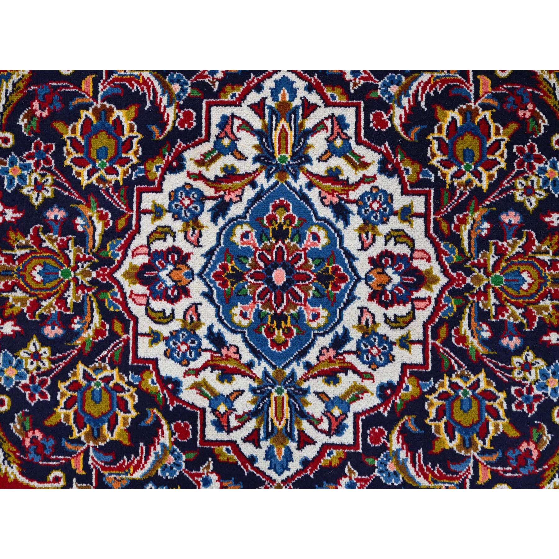 10'1"x13' Angels Red, Blue Border and Corners, Old Persian Kashan Hand Knotted Medallion Design, Nomad Creation, Full Pile, Vegetable Dyes, All Wool Oriental Rug Sh86697