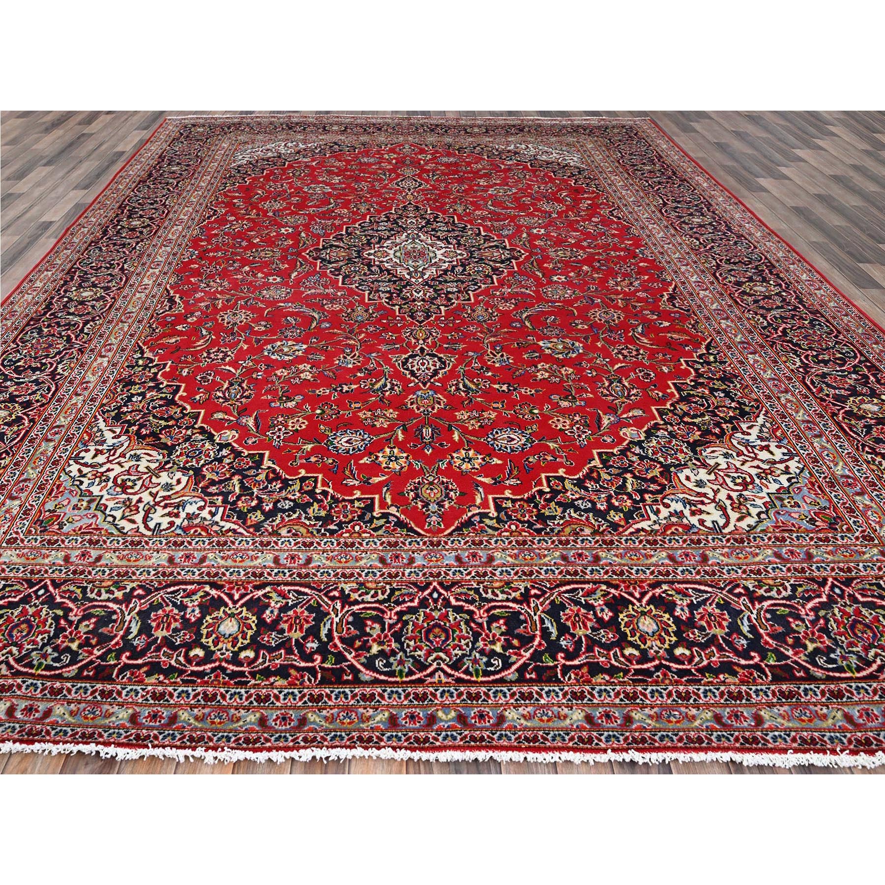 9'10"x13'1" Ketchup Red, Full Pile Vintage Persian Kashan, Hand Knotted Cleaned and Sides and Ends Professionally and Secured, Natural Wool, Denser Weave Oriental Rug Sh86700