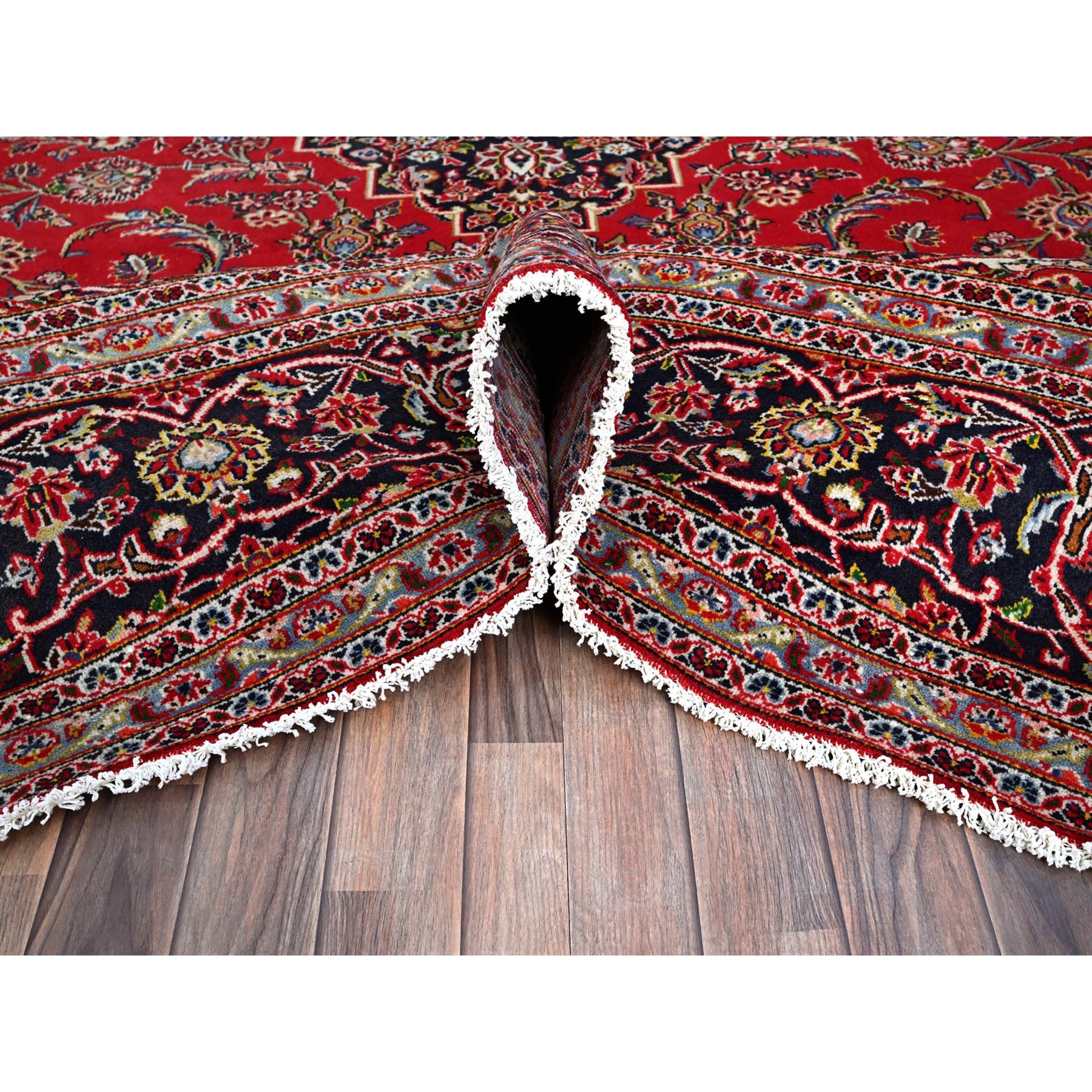 9'10"x13'1" Ketchup Red, Full Pile Vintage Persian Kashan, Hand Knotted Cleaned and Sides and Ends Professionally and Secured, Natural Wool, Denser Weave Oriental Rug Sh86700