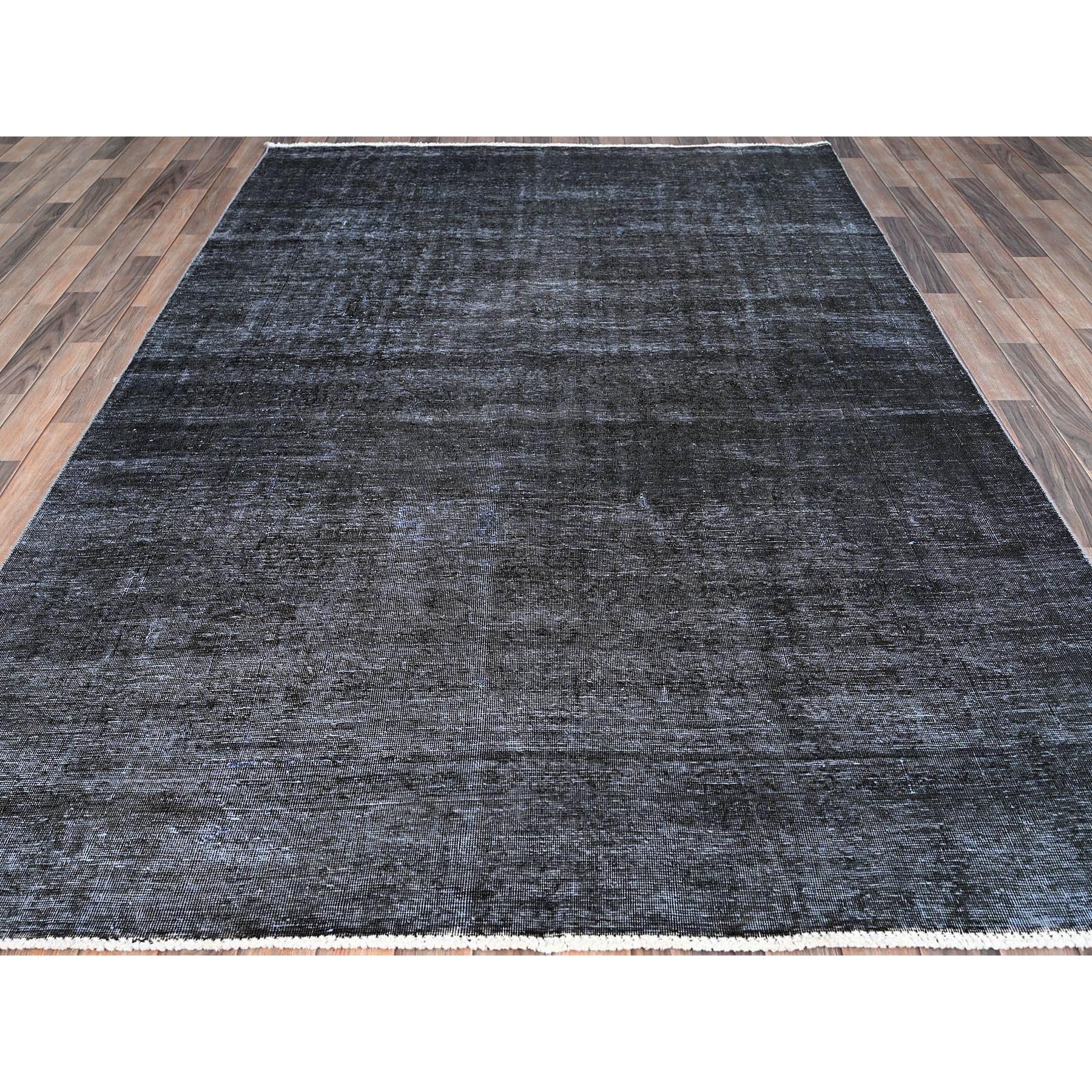 6'3"x9'3" Vulcan Black, Hand Knotted Vintage Persian Tabriz, Shiny Wool, Distressed Look, Cropped Thin, Sheared Low, Evenly Worn Shabby Chic, Sides and Ends Professionally Secured, Oriental Rug Sh86927