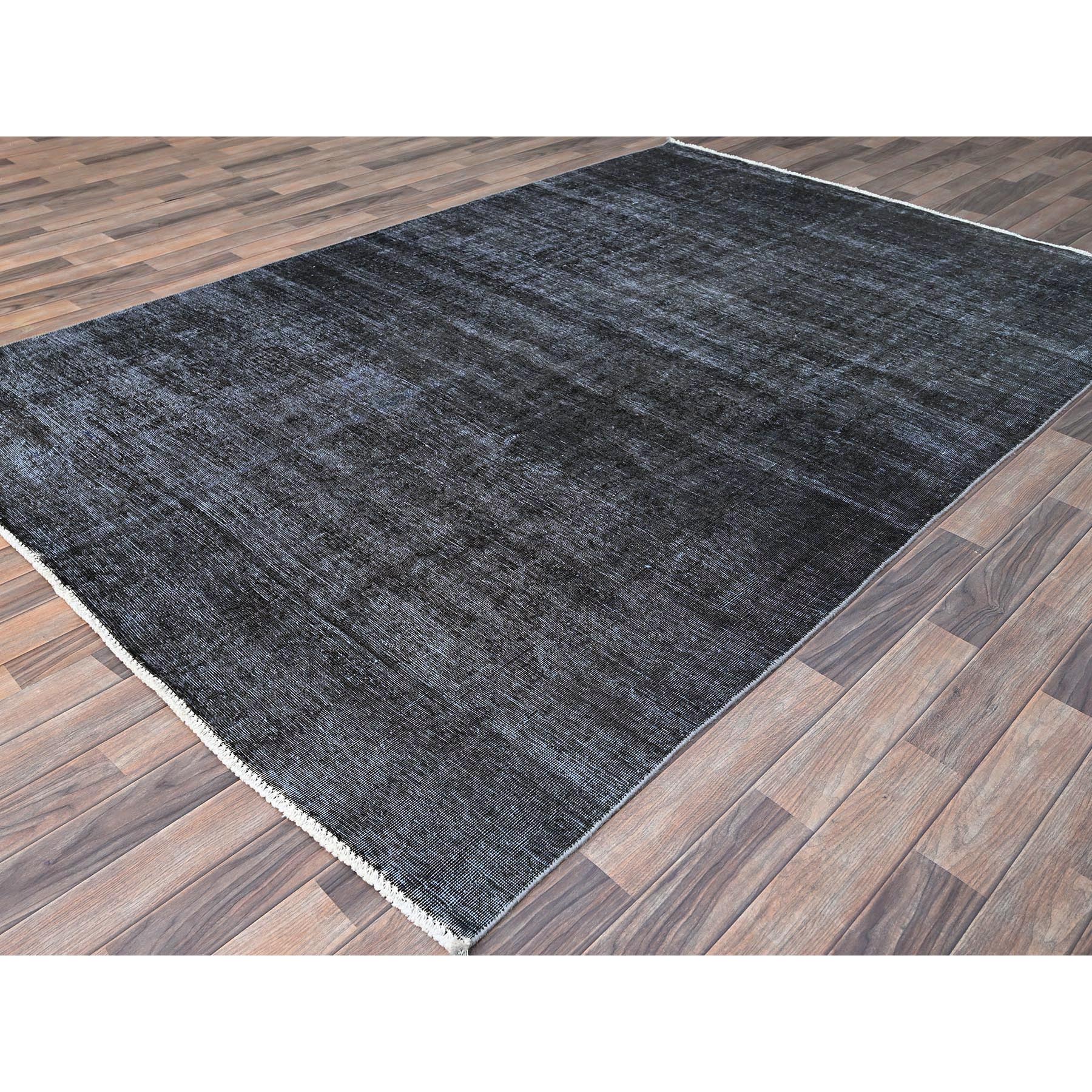 6'3"x9'3" Vulcan Black, Hand Knotted Vintage Persian Tabriz, Shiny Wool, Distressed Look, Cropped Thin, Sheared Low, Evenly Worn Shabby Chic, Sides and Ends Professionally Secured, Oriental Rug Sh86927