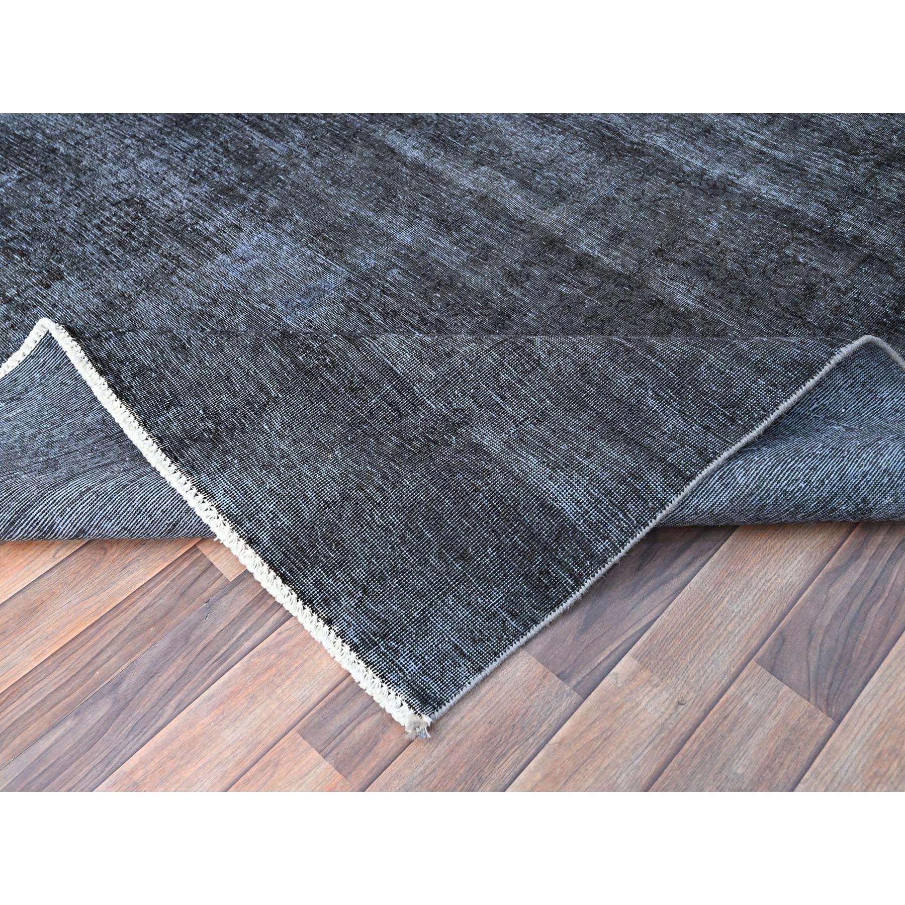 6'3"x9'3" Vulcan Black, Hand Knotted Vintage Persian Tabriz, Shiny Wool, Distressed Look, Cropped Thin, Sheared Low, Evenly Worn Shabby Chic, Sides and Ends Professionally Secured, Oriental Rug Sh86927