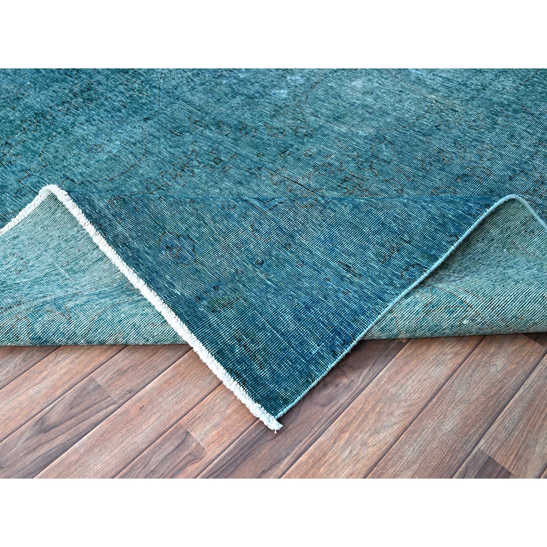 9'4"x12'7" Meadowbrook Blue, Distressed Look 100% Wool Hand Knotted Vintage Persian Tabriz, Overdyed, Sides and Ends Professionally Secured and Cleaned, Even Wear Oriental Rug Sh86928