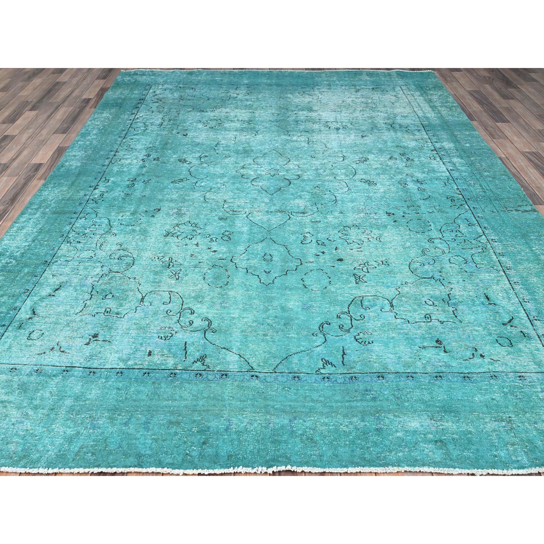 8'1"x11' Deep Green, Overdyed Vintage Persian Tabriz Sides and Ends Professionally Secured and Cleaned, Distressed Sheared Low, Hand Knotted, Cropped Thin, Abrash Evenly Worn 100% Wool Oriental Rug Sh86932
