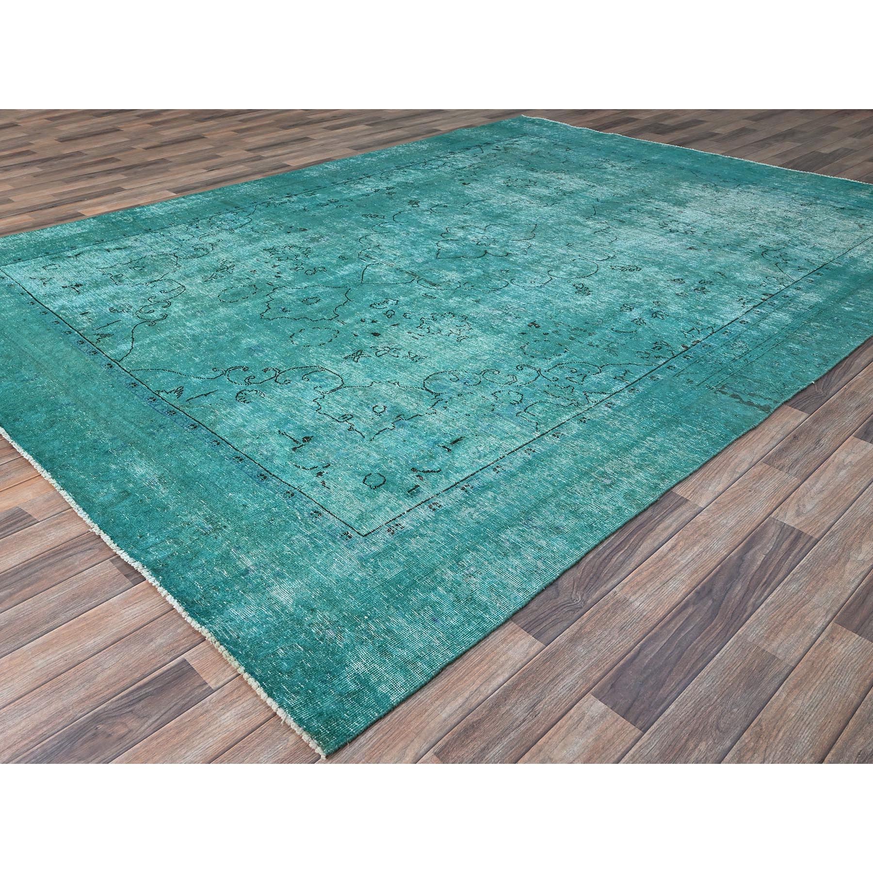 8'1"x11' Deep Green, Overdyed Vintage Persian Tabriz Sides and Ends Professionally Secured and Cleaned, Distressed Sheared Low, Hand Knotted, Cropped Thin, Abrash Evenly Worn 100% Wool Oriental Rug Sh86932