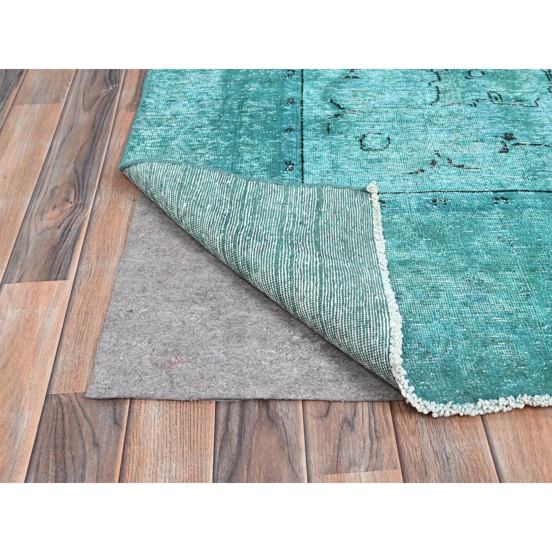 8'1"x11' Deep Green, Overdyed Vintage Persian Tabriz Sides and Ends Professionally Secured and Cleaned, Distressed Sheared Low, Hand Knotted, Cropped Thin, Abrash Evenly Worn 100% Wool Oriental Rug Sh86932