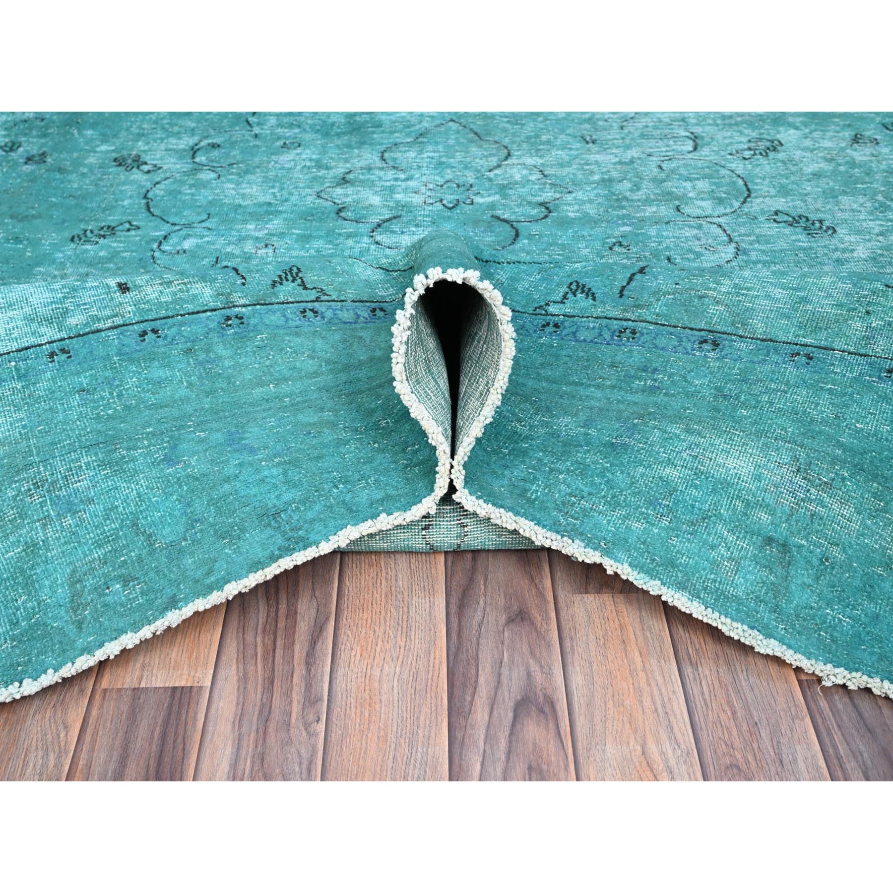 8'1"x11' Deep Green, Overdyed Vintage Persian Tabriz Sides and Ends Professionally Secured and Cleaned, Distressed Sheared Low, Hand Knotted, Cropped Thin, Abrash Evenly Worn 100% Wool Oriental Rug Sh86932