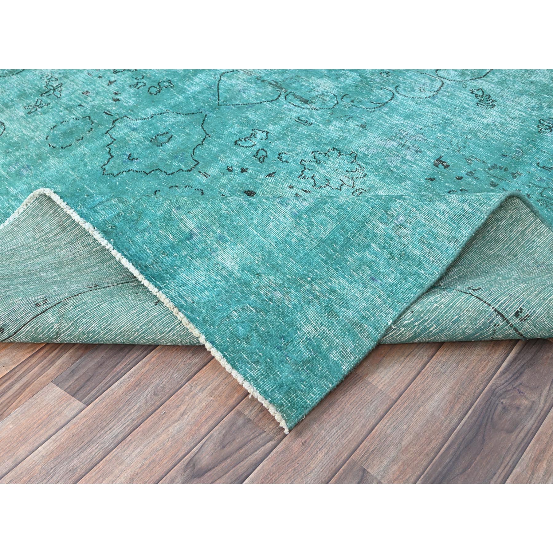 8'1"x11' Deep Green, Overdyed Vintage Persian Tabriz Sides and Ends Professionally Secured and Cleaned, Distressed Sheared Low, Hand Knotted, Cropped Thin, Abrash Evenly Worn 100% Wool Oriental Rug Sh86932