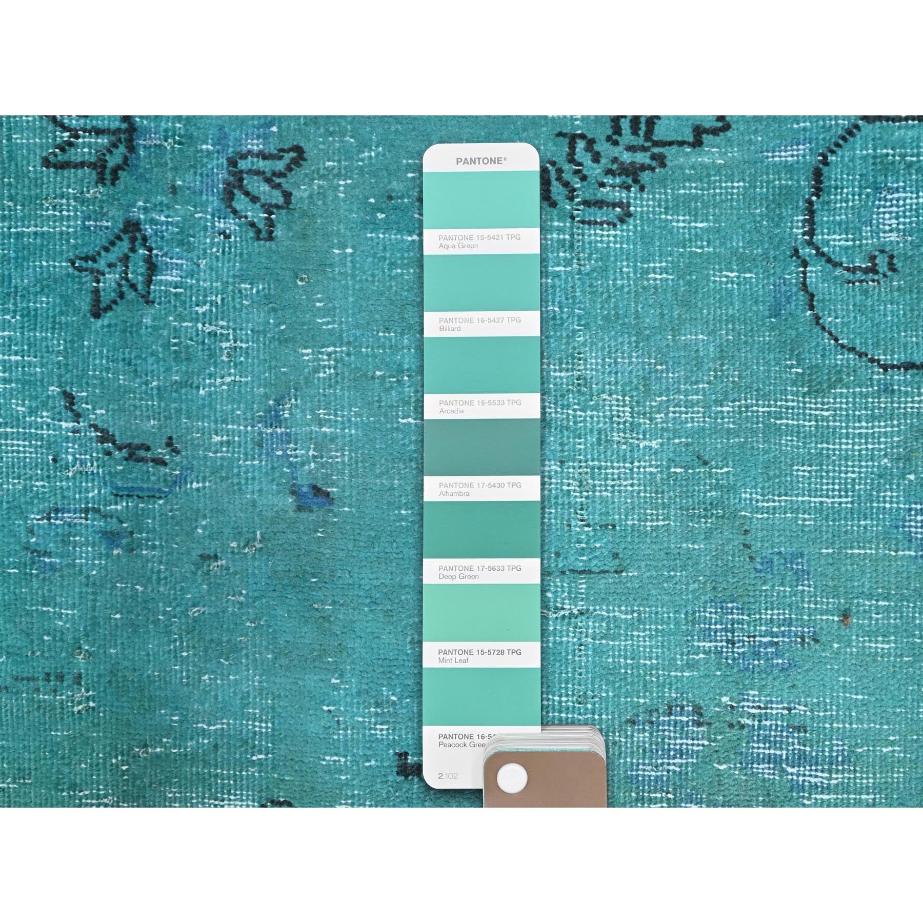 8'1"x11' Deep Green, Overdyed Vintage Persian Tabriz Sides and Ends Professionally Secured and Cleaned, Distressed Sheared Low, Hand Knotted, Cropped Thin, Abrash Evenly Worn 100% Wool Oriental Rug Sh86932