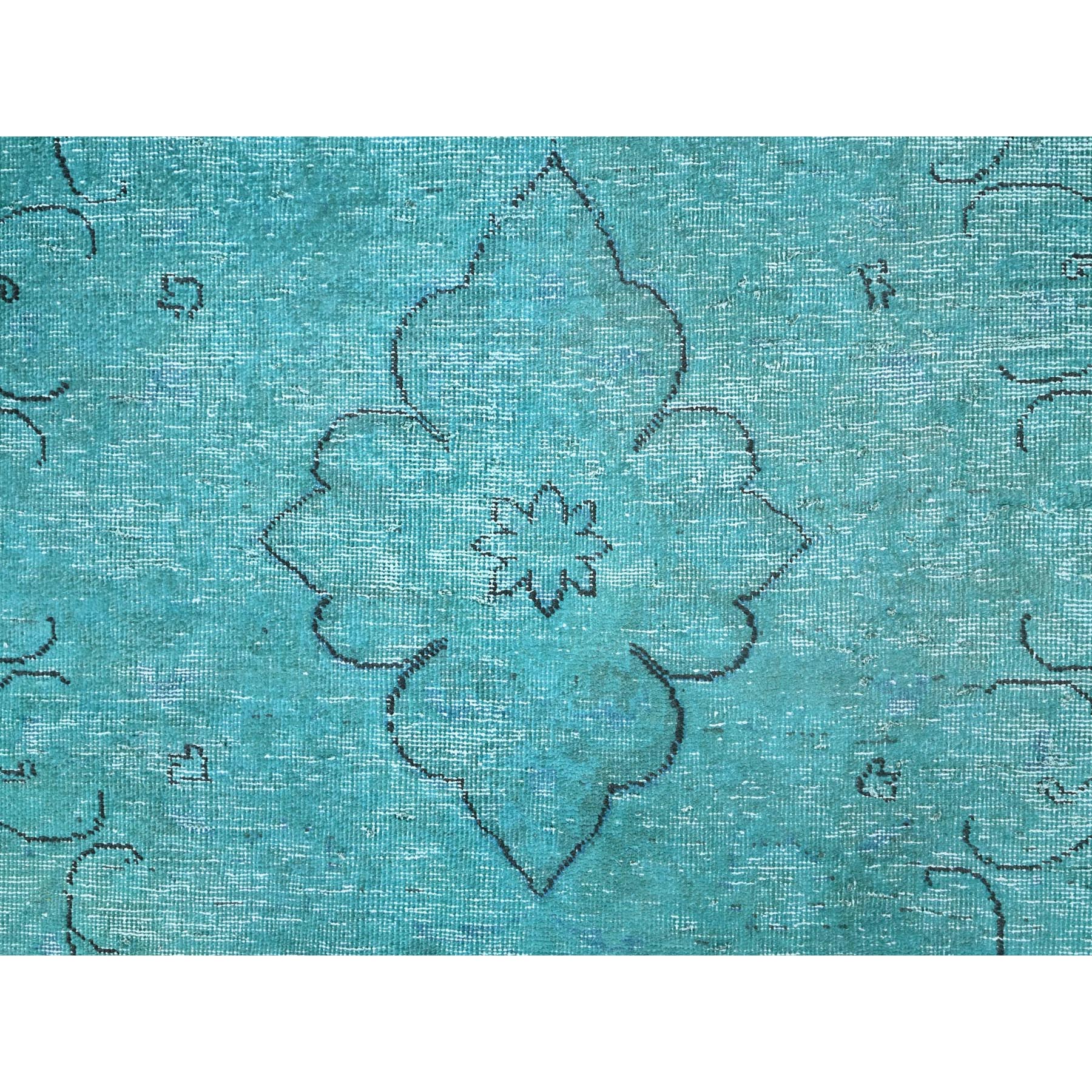 8'1"x11' Deep Green, Overdyed Vintage Persian Tabriz Sides and Ends Professionally Secured and Cleaned, Distressed Sheared Low, Hand Knotted, Cropped Thin, Abrash Evenly Worn 100% Wool Oriental Rug Sh86932