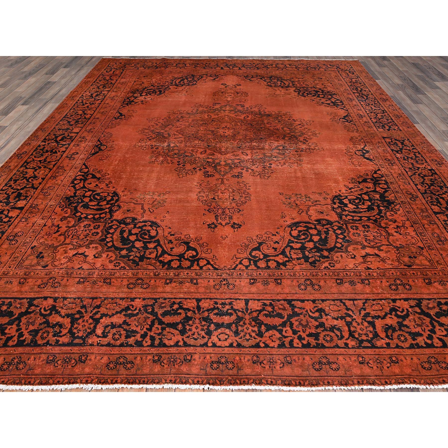 9'3"x12'1" Burnt Orange, Hand Knotted Pure Wool Cleaned, Sides and Ends Professionally Secured, Vintage Persian Tabriz With Open Field Design, Evenly Worn Overdyed Sheared Low, Distressed Oriental Rug Sh86934