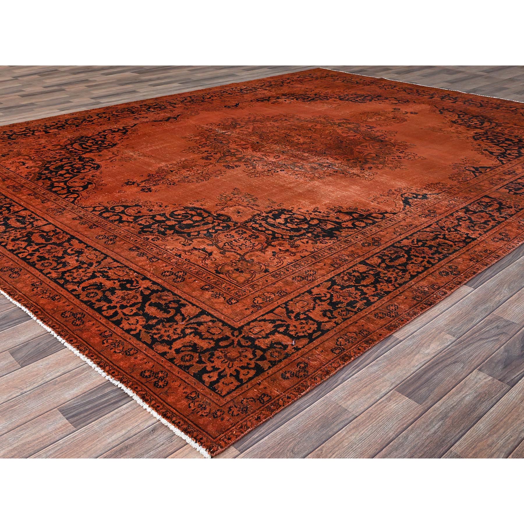 9'3"x12'1" Burnt Orange, Hand Knotted Pure Wool Cleaned, Sides and Ends Professionally Secured, Vintage Persian Tabriz With Open Field Design, Evenly Worn Overdyed Sheared Low, Distressed Oriental Rug Sh86934