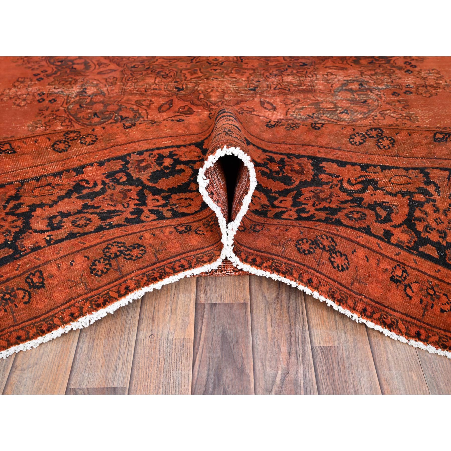 9'3"x12'1" Burnt Orange, Hand Knotted Pure Wool Cleaned, Sides and Ends Professionally Secured, Vintage Persian Tabriz With Open Field Design, Evenly Worn Overdyed Sheared Low, Distressed Oriental Rug Sh86934