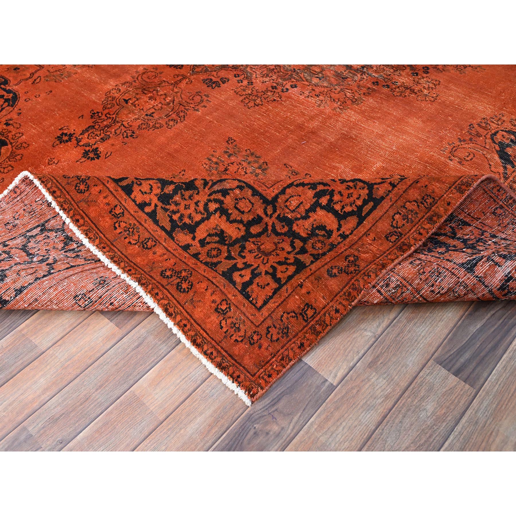 9'3"x12'1" Burnt Orange, Hand Knotted Pure Wool Cleaned, Sides and Ends Professionally Secured, Vintage Persian Tabriz With Open Field Design, Evenly Worn Overdyed Sheared Low, Distressed Oriental Rug Sh86934