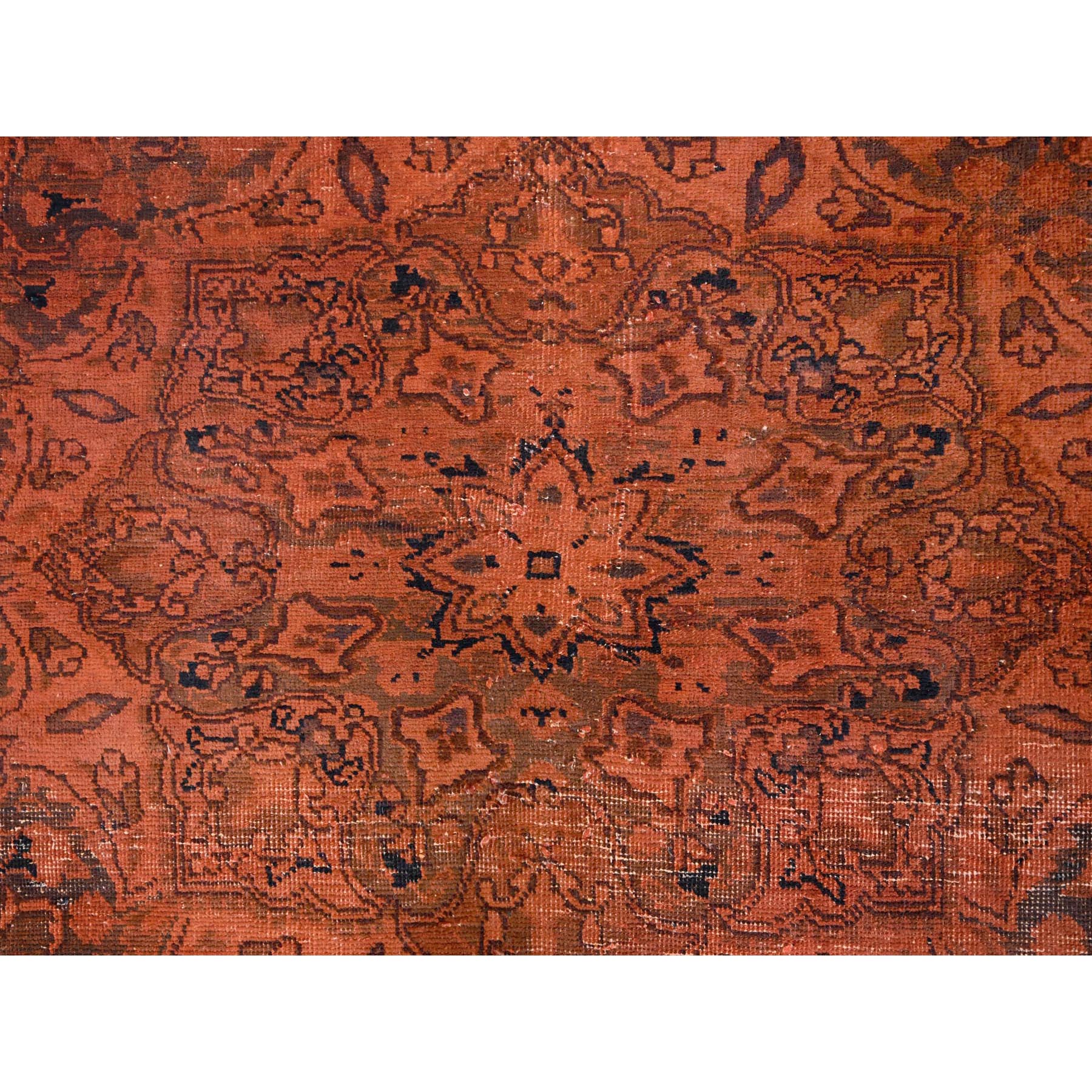 9'3"x12'1" Burnt Orange, Hand Knotted Pure Wool Cleaned, Sides and Ends Professionally Secured, Vintage Persian Tabriz With Open Field Design, Evenly Worn Overdyed Sheared Low, Distressed Oriental Rug Sh86934