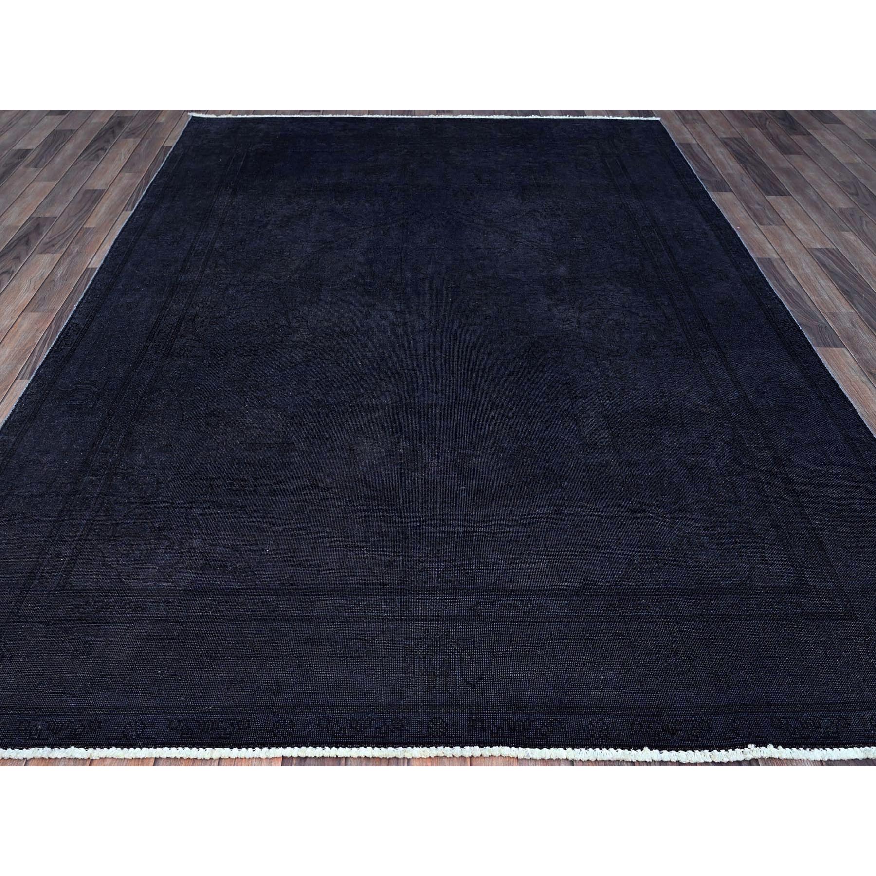 6'5"x9'5" Onyx Black, Overdyed, Evenly Worn, Cropped Thin, Hand Knotted Sides and Ends Professionally Secured, Vintage Persian Tabriz, Sheared Low, Cleaned, Extra Soft Wool, Oriental Rug Sh86936