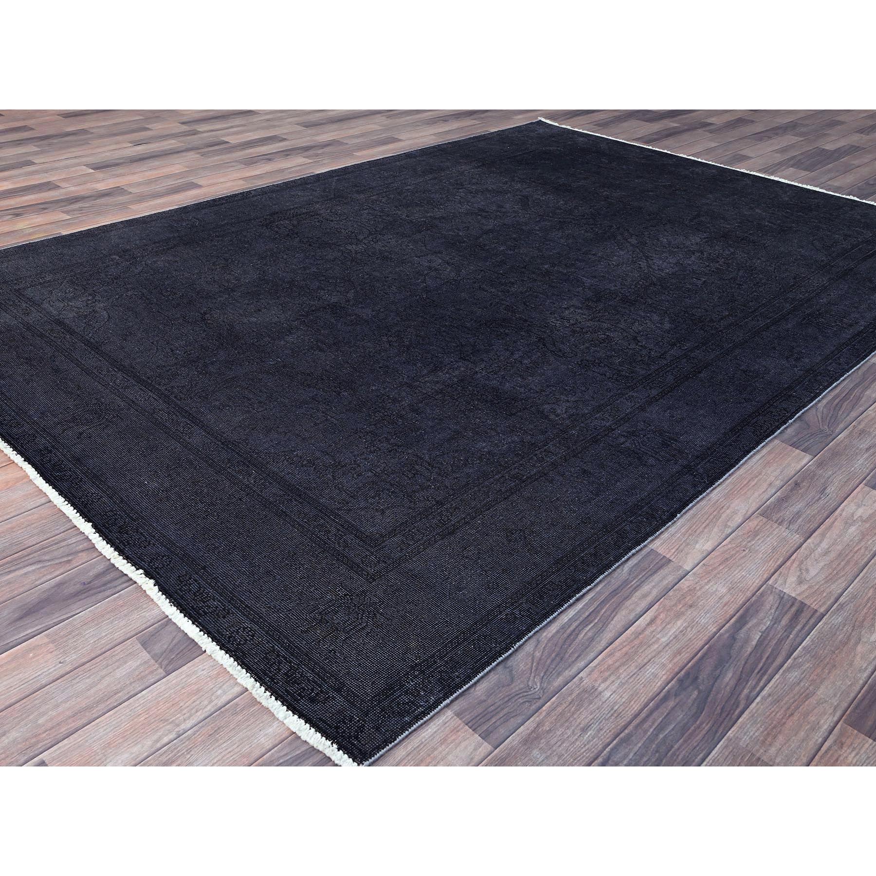 6'5"x9'5" Onyx Black, Overdyed, Evenly Worn, Cropped Thin, Hand Knotted Sides and Ends Professionally Secured, Vintage Persian Tabriz, Sheared Low, Cleaned, Extra Soft Wool, Oriental Rug Sh86936