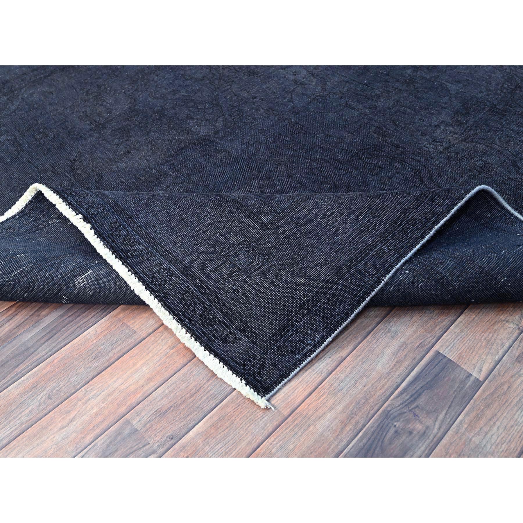 6'5"x9'5" Onyx Black, Overdyed, Evenly Worn, Cropped Thin, Hand Knotted Sides and Ends Professionally Secured, Vintage Persian Tabriz, Sheared Low, Cleaned, Extra Soft Wool, Oriental Rug Sh86936