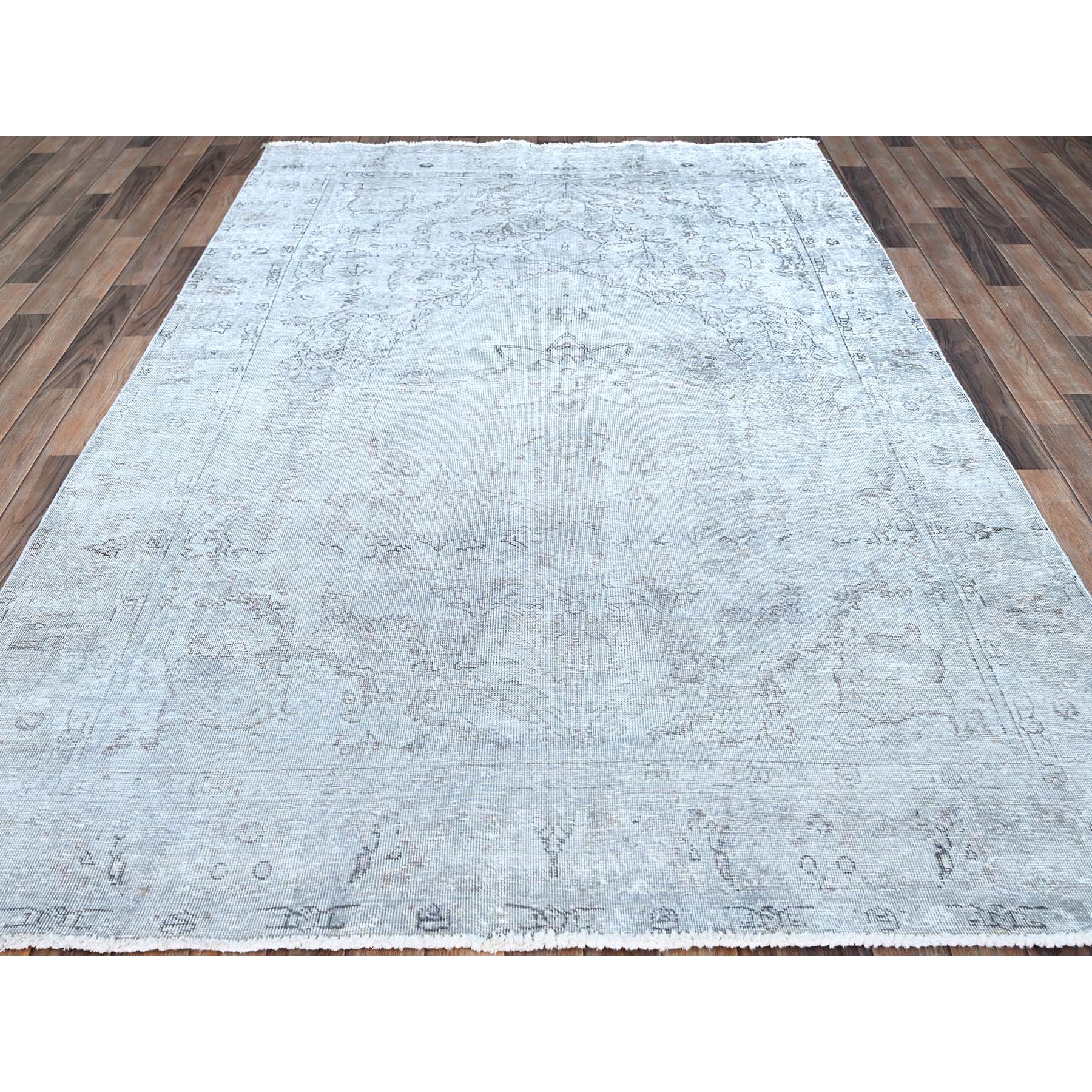 6'x8'10" Blue Gray, Hand Knotted Sides and Ends Professionally Secured and Cleaned, Vintage Persian Tabriz, Cropped Thin, Sheared Low, Evenly Worn, Shiny Wool, Oriental Distressed Rug Sh86937