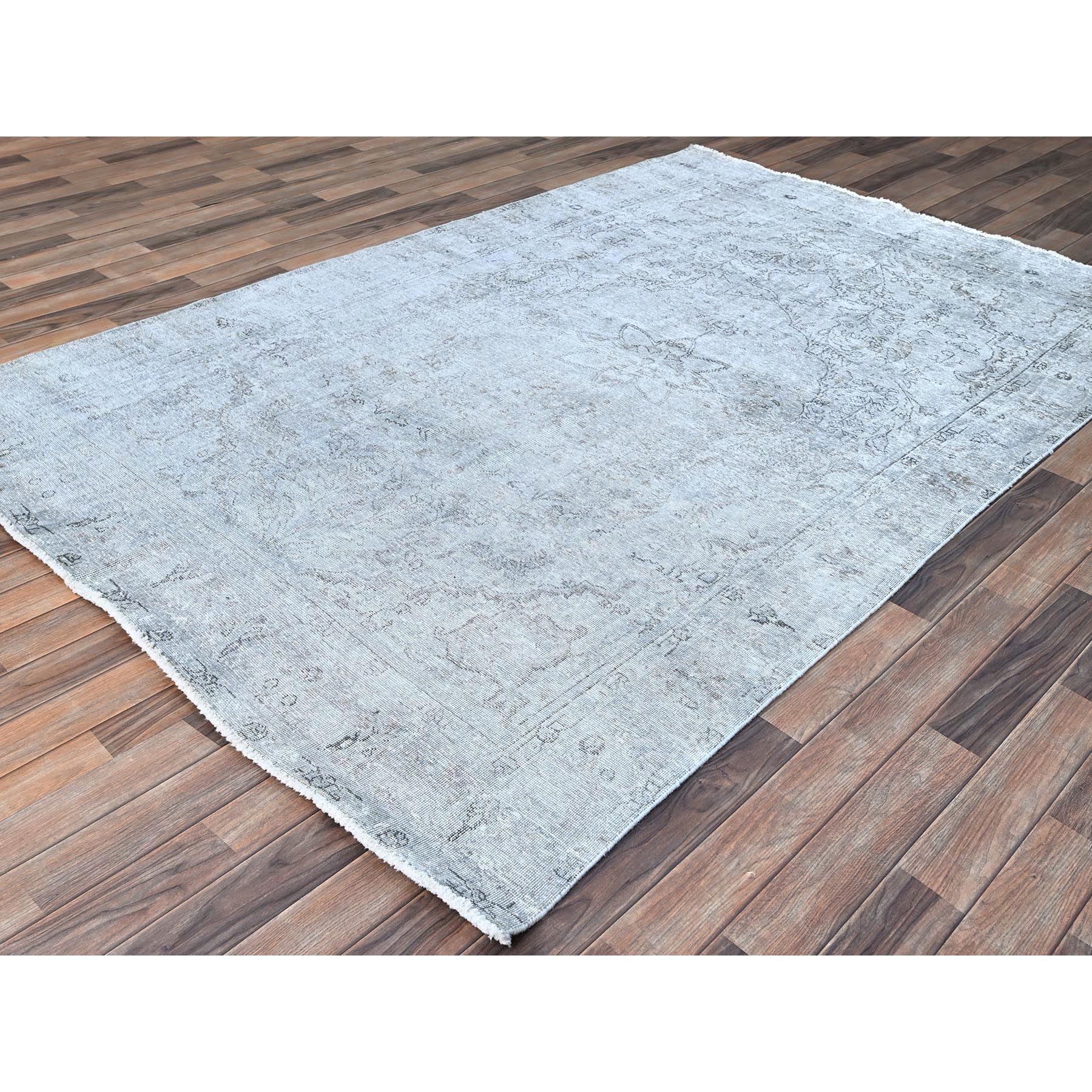 6'x8'10" Blue Gray, Hand Knotted Sides and Ends Professionally Secured and Cleaned, Vintage Persian Tabriz, Cropped Thin, Sheared Low, Evenly Worn, Shiny Wool, Oriental Distressed Rug Sh86937