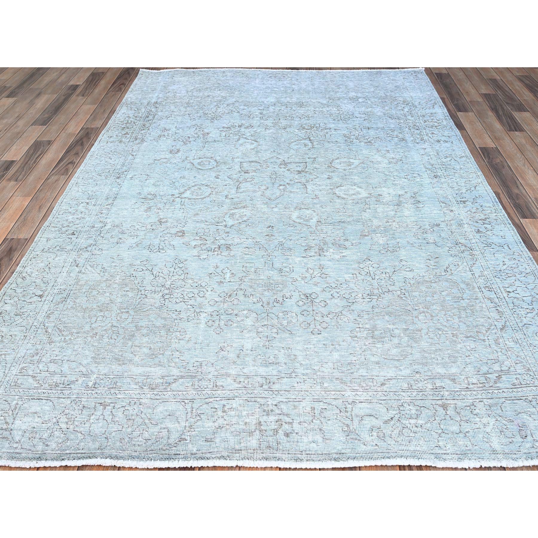 6'x8'9" Celestial Blue, Vintage Persian Tabriz, Hand Knotted Cropped Thin, Sheared Low, Evenly Worn, 100% Wool, Sides and Ends Professionally Secured and Cleaned, Oriental Distressed Rug Sh86938