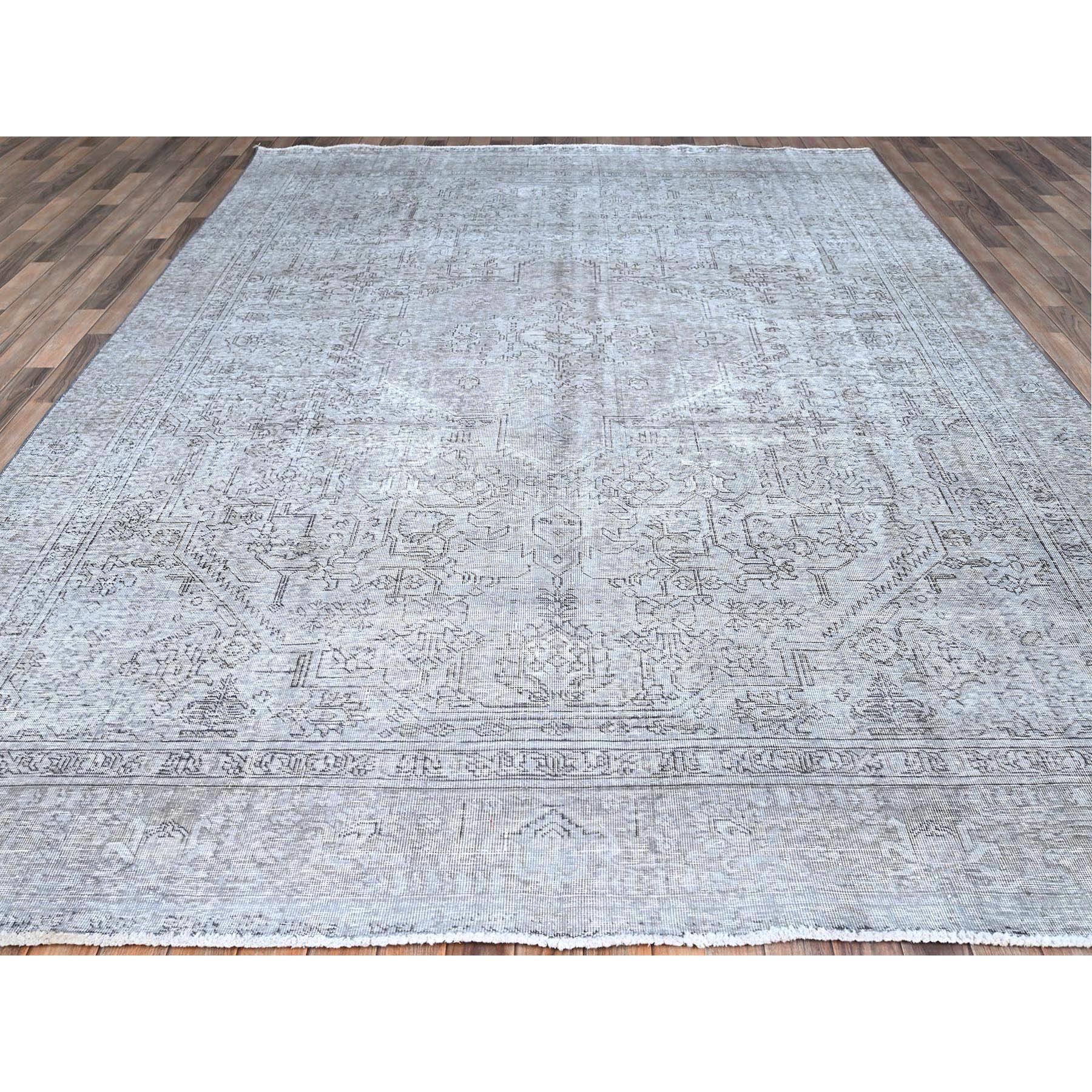 8'10"x12'4" Frost Gray, Vintage Persian Tabriz, Distressed Look, Organic Wool, Cropped Thin, Sides and Ends Professionally Secured and Cleaned, Sheared Low, Hand Knotted, Oriental Rug Sh86940