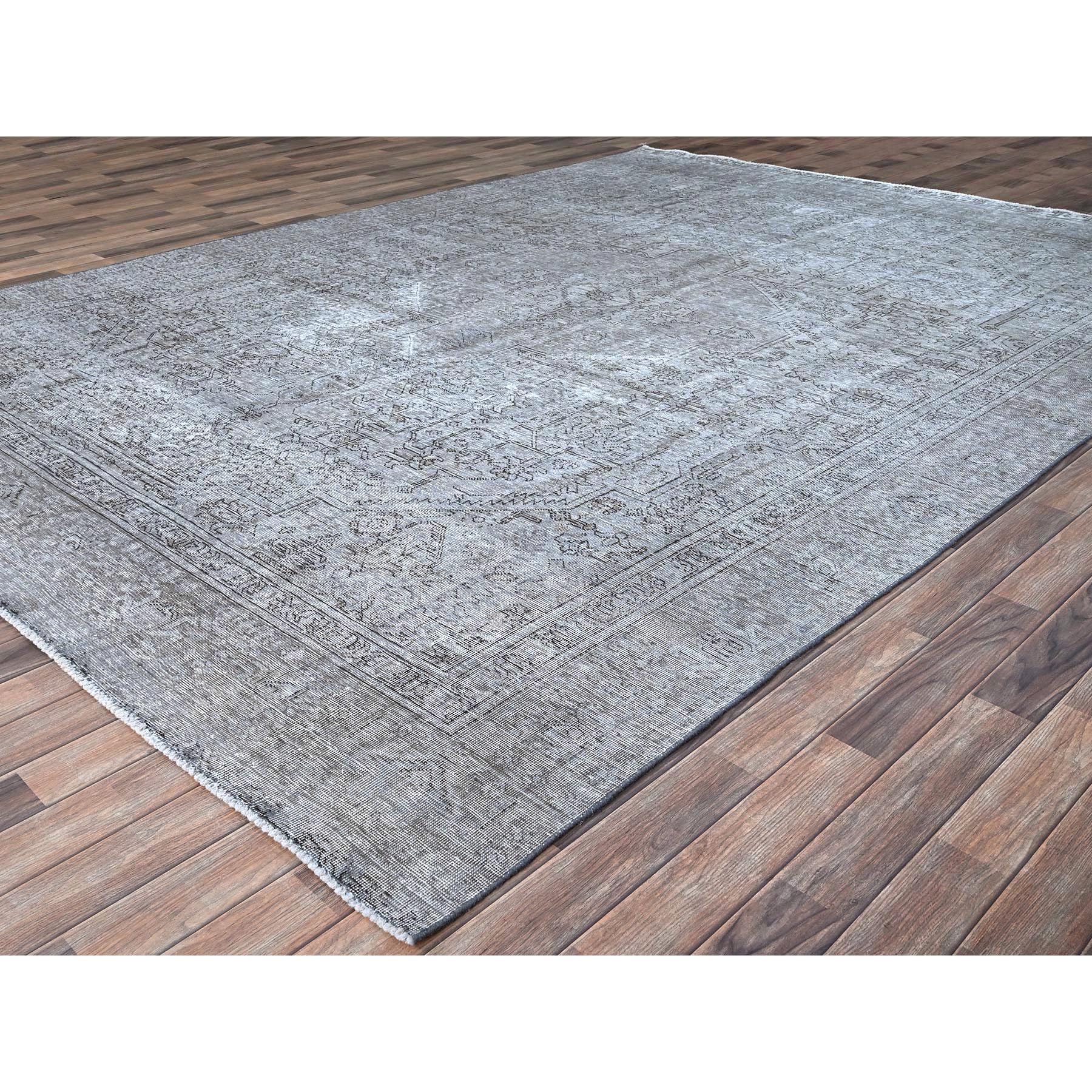 8'10"x12'4" Frost Gray, Vintage Persian Tabriz, Distressed Look, Organic Wool, Cropped Thin, Sides and Ends Professionally Secured and Cleaned, Sheared Low, Hand Knotted, Oriental Rug Sh86940