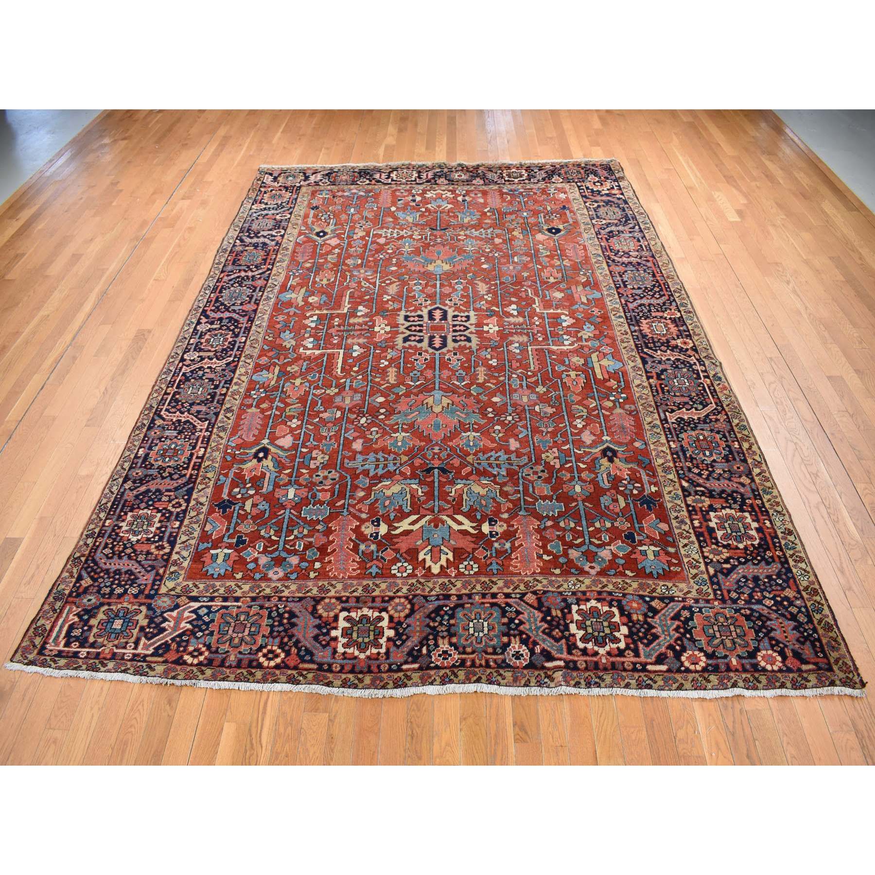 9'4"x12'10" Barn Red, Antique Persian Heriz with Small Geometric Flower Center Medallion, Hand Knotted, Pure Wool, Clean with Sides and Ends Professionally Secured, Good Condition, Oriental Rug Sh87310