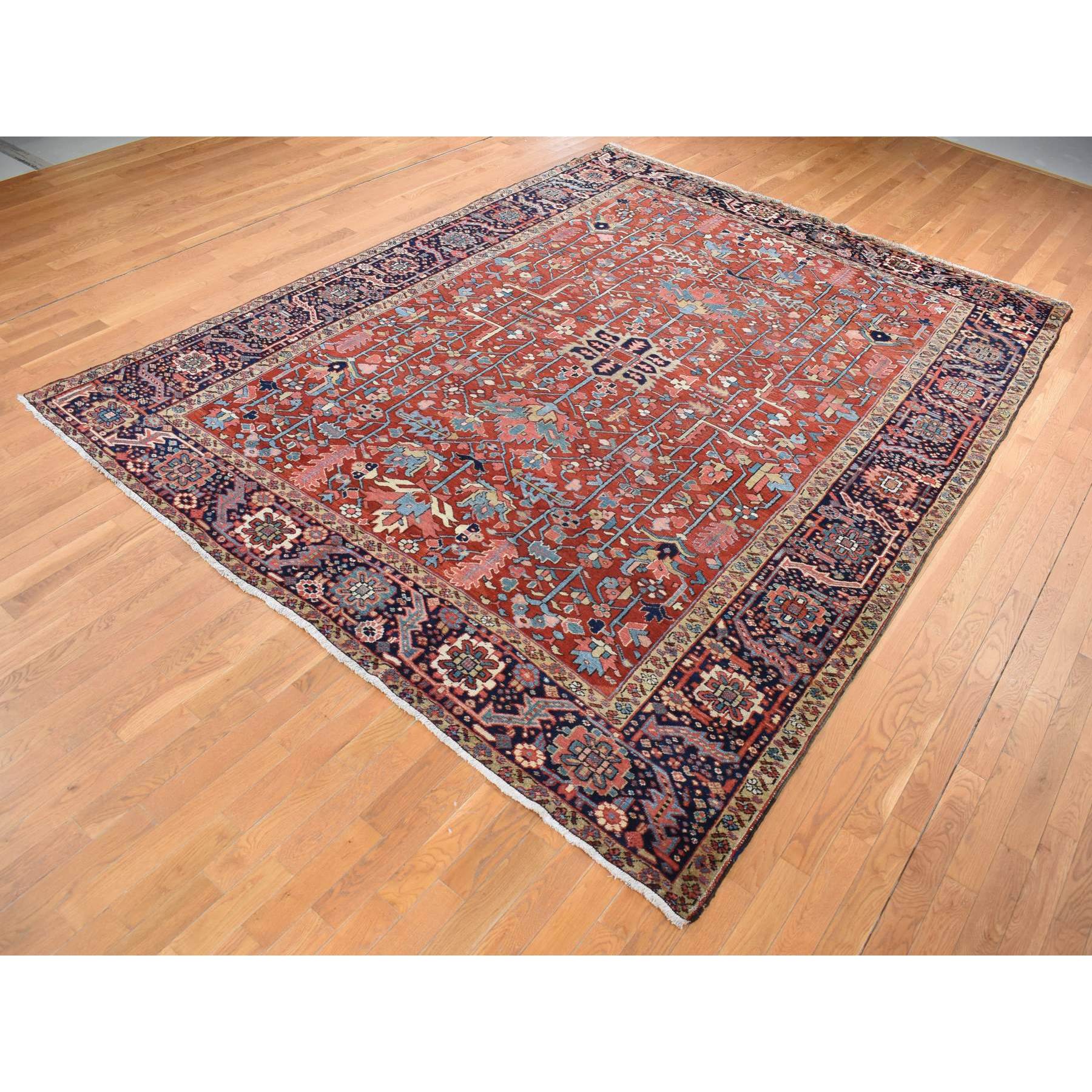 9'4"x12'10" Barn Red, Antique Persian Heriz with Small Geometric Flower Center Medallion, Hand Knotted, Pure Wool, Clean with Sides and Ends Professionally Secured, Good Condition, Oriental Rug Sh87310
