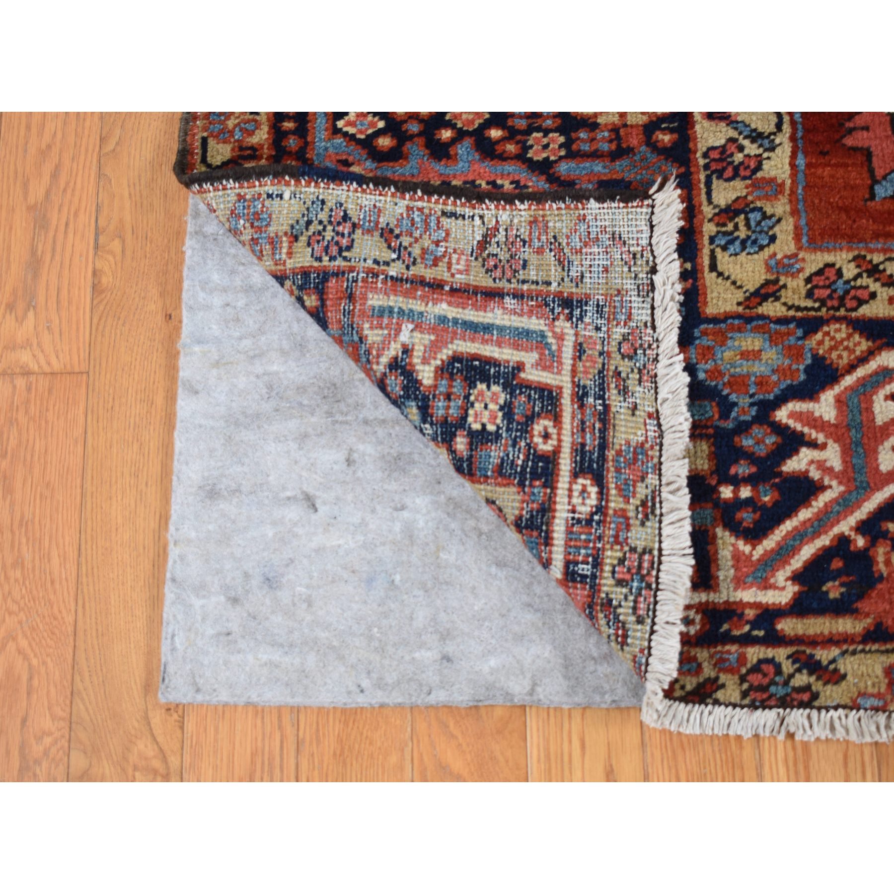 9'4"x12'10" Barn Red, Antique Persian Heriz with Small Geometric Flower Center Medallion, Hand Knotted, Pure Wool, Clean with Sides and Ends Professionally Secured, Good Condition, Oriental Rug Sh87310