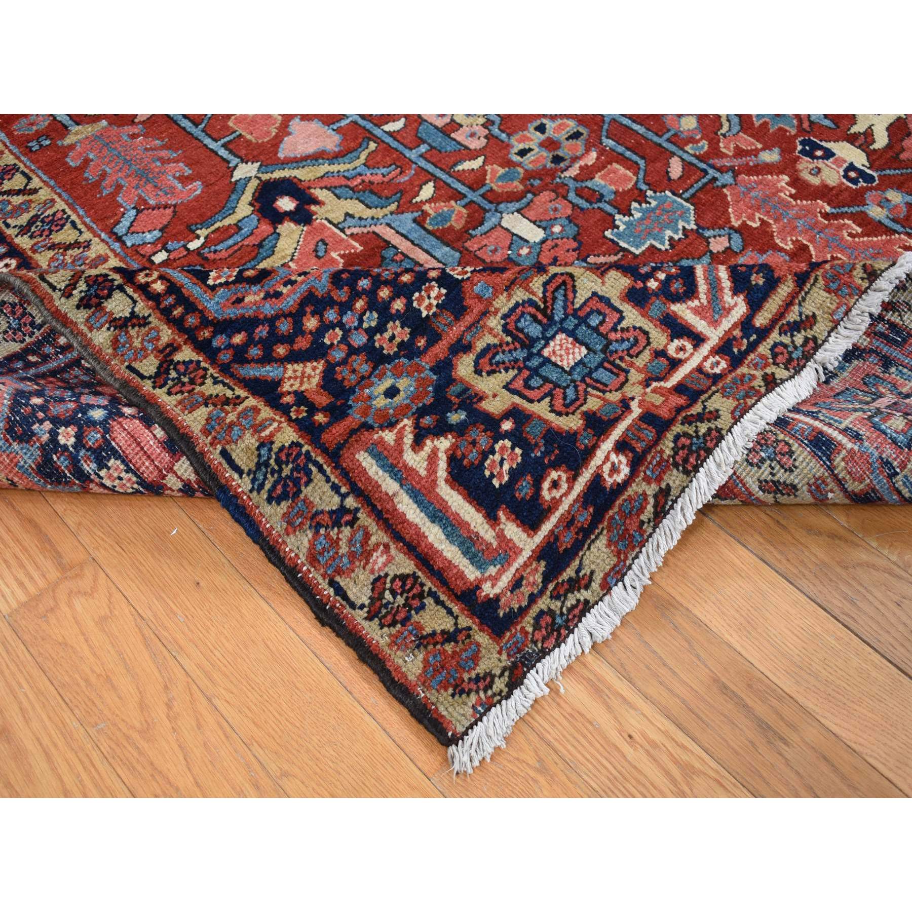 9'4"x12'10" Barn Red, Antique Persian Heriz with Small Geometric Flower Center Medallion, Hand Knotted, Pure Wool, Clean with Sides and Ends Professionally Secured, Good Condition, Oriental Rug Sh87310