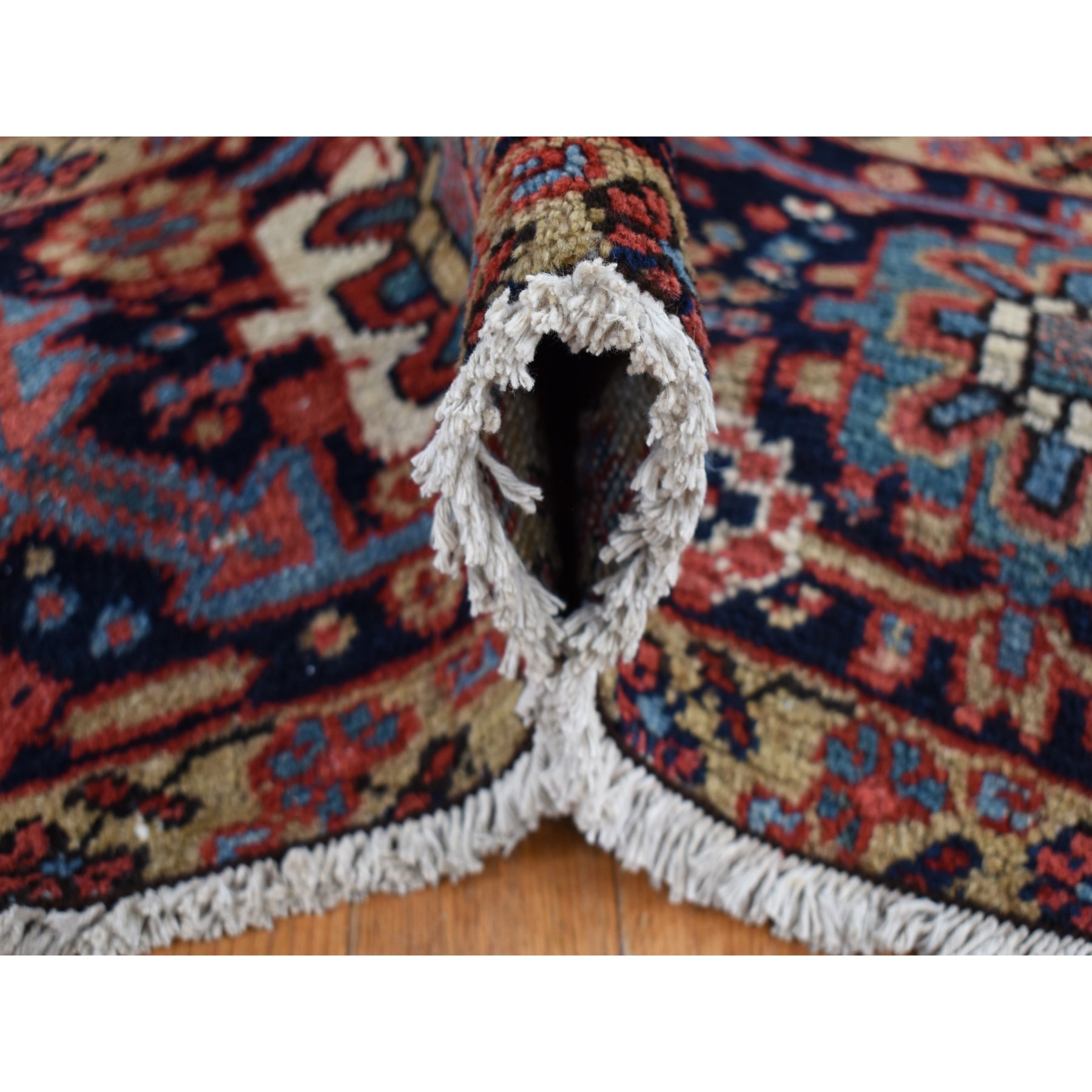 9'4"x12'10" Barn Red, Antique Persian Heriz with Small Geometric Flower Center Medallion, Hand Knotted, Pure Wool, Clean with Sides and Ends Professionally Secured, Good Condition, Oriental Rug Sh87310