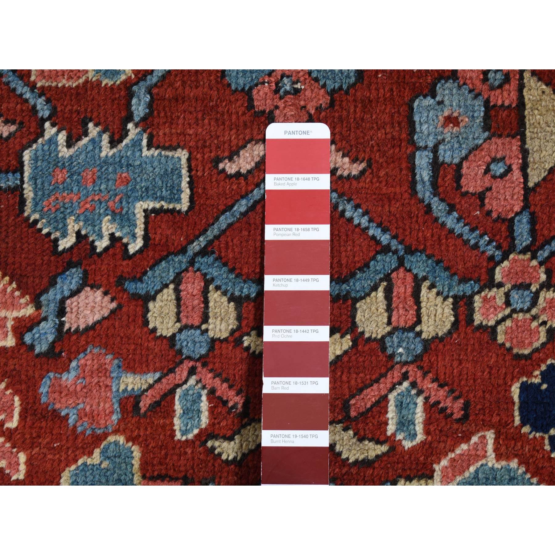 9'4"x12'10" Barn Red, Antique Persian Heriz with Small Geometric Flower Center Medallion, Hand Knotted, Pure Wool, Clean with Sides and Ends Professionally Secured, Good Condition, Oriental Rug Sh87310