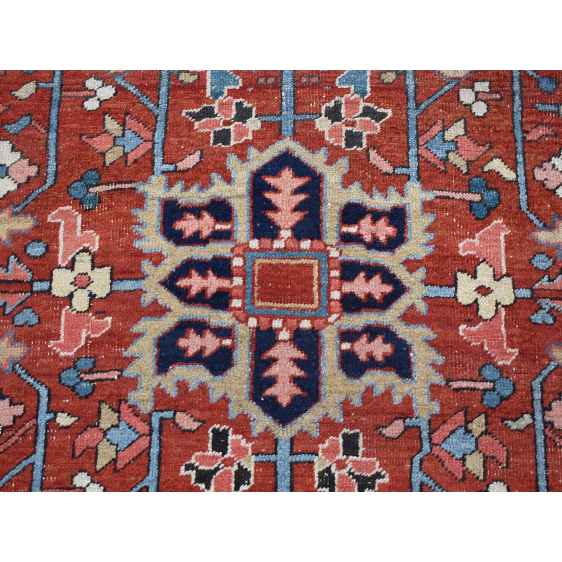 9'4"x12'10" Barn Red, Antique Persian Heriz with Small Geometric Flower Center Medallion, Hand Knotted, Pure Wool, Clean with Sides and Ends Professionally Secured, Good Condition, Oriental Rug Sh87310