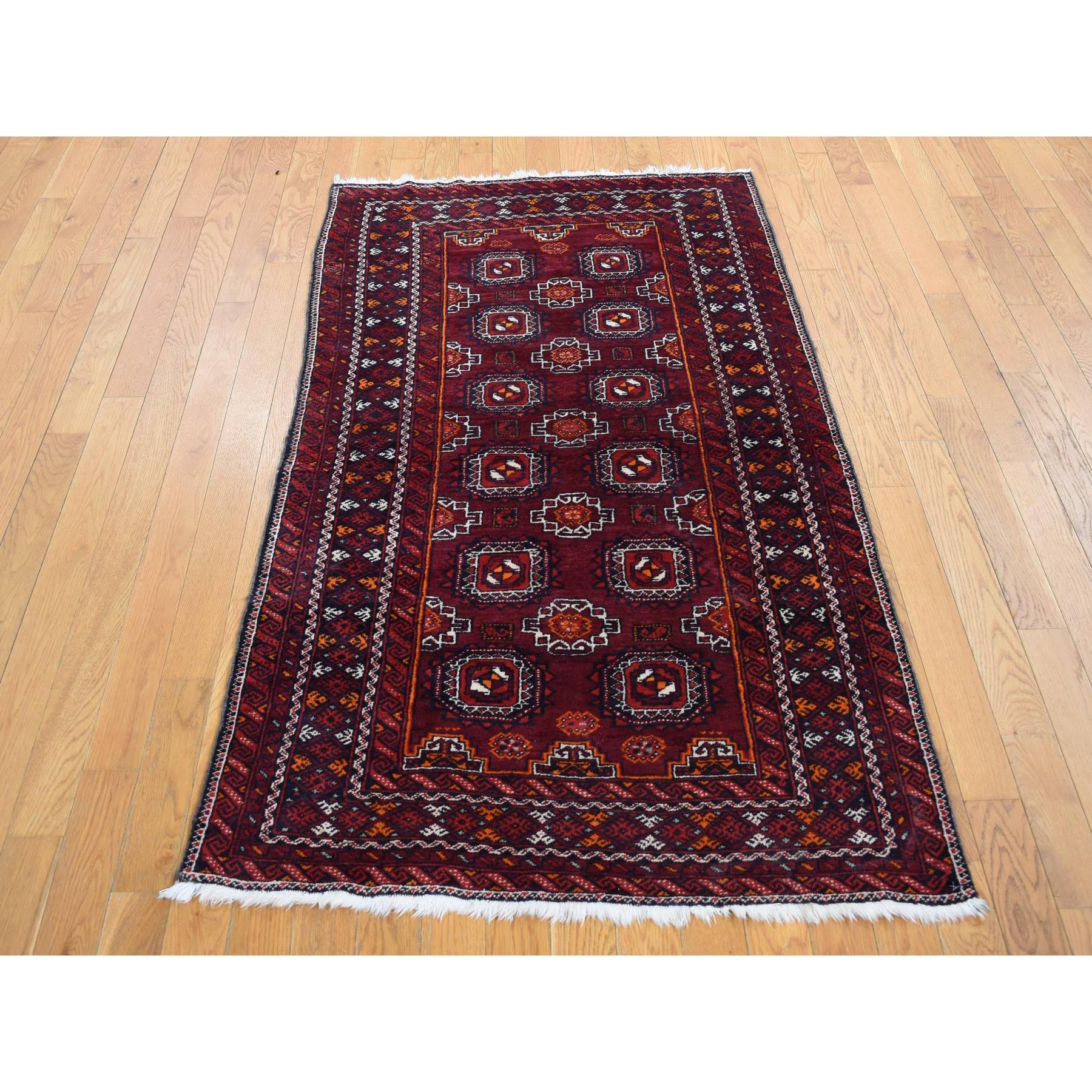 3'4"x5'10" Maroon Red, Vintage Tourkaman Bokara Gul Motif, Pure Wool, Hand Knotted, Wide Runner Oriental Rug Sh87377