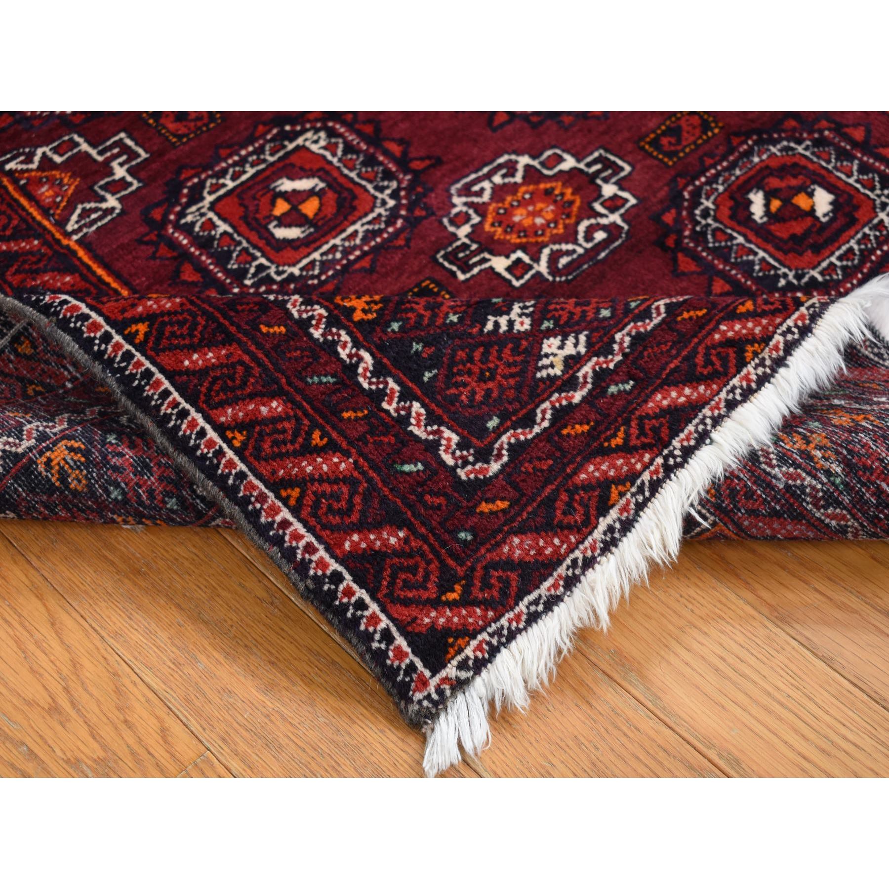 3'4"x5'10" Maroon Red, Vintage Tourkaman Bokara Gul Motif, Pure Wool, Hand Knotted, Wide Runner Oriental Rug Sh87377