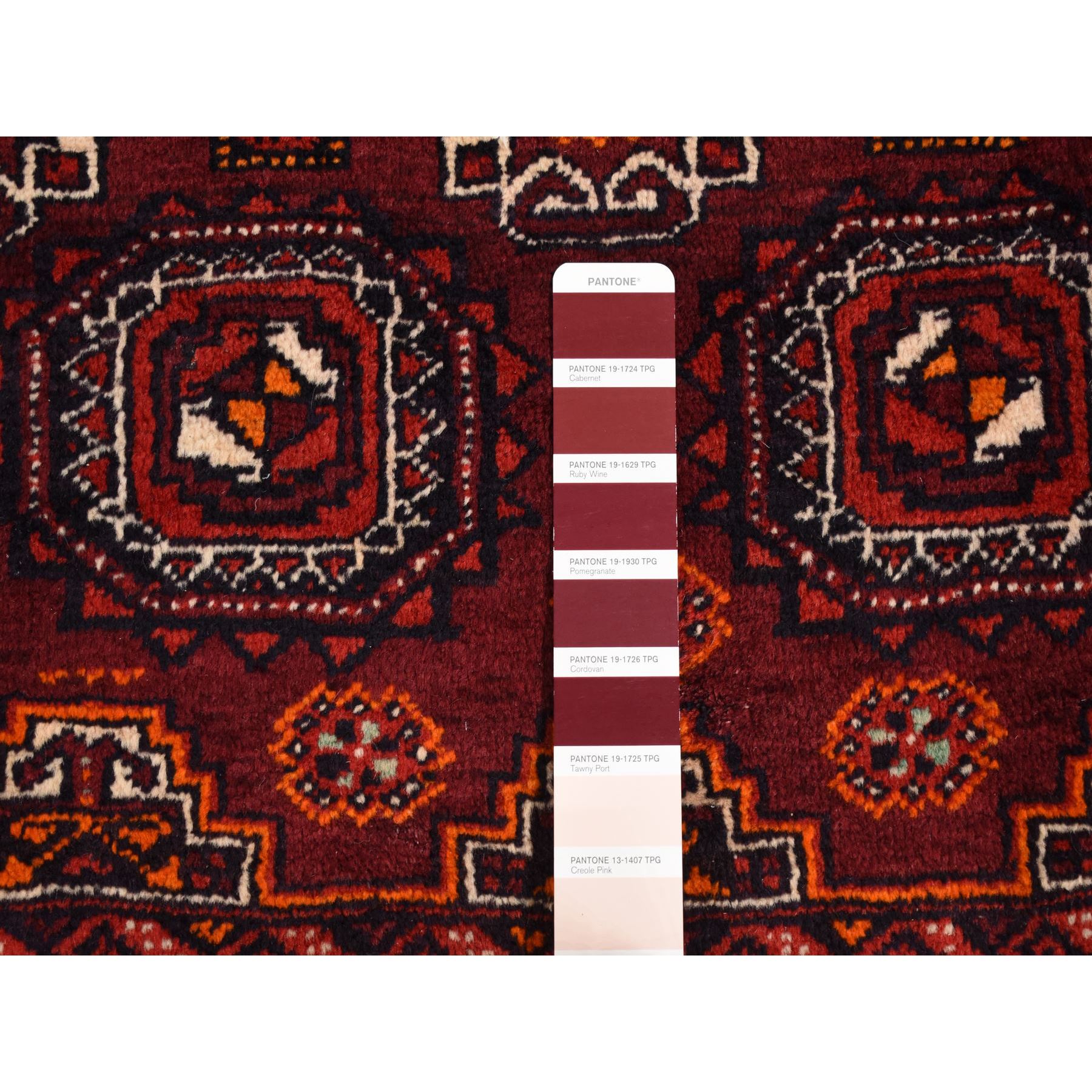 3'4"x5'10" Maroon Red, Vintage Tourkaman Bokara Gul Motif, Pure Wool, Hand Knotted, Wide Runner Oriental Rug Sh87377