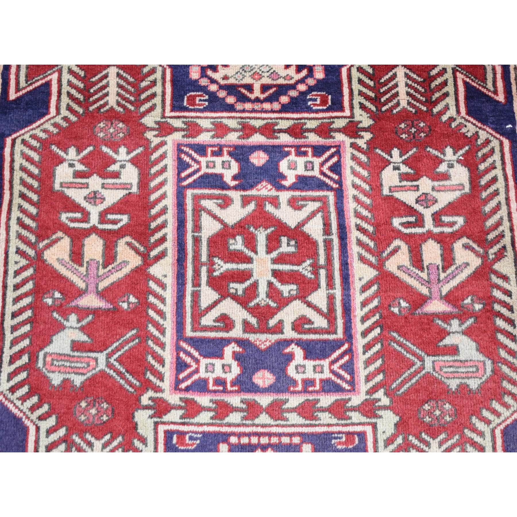 3'8"x10' Independence Blue, Vintage Persian Northeast, Oblengated Geometric Motifs, Pure Wool, Hand Knotted, Wide Runner Oriental Rug Sh87386