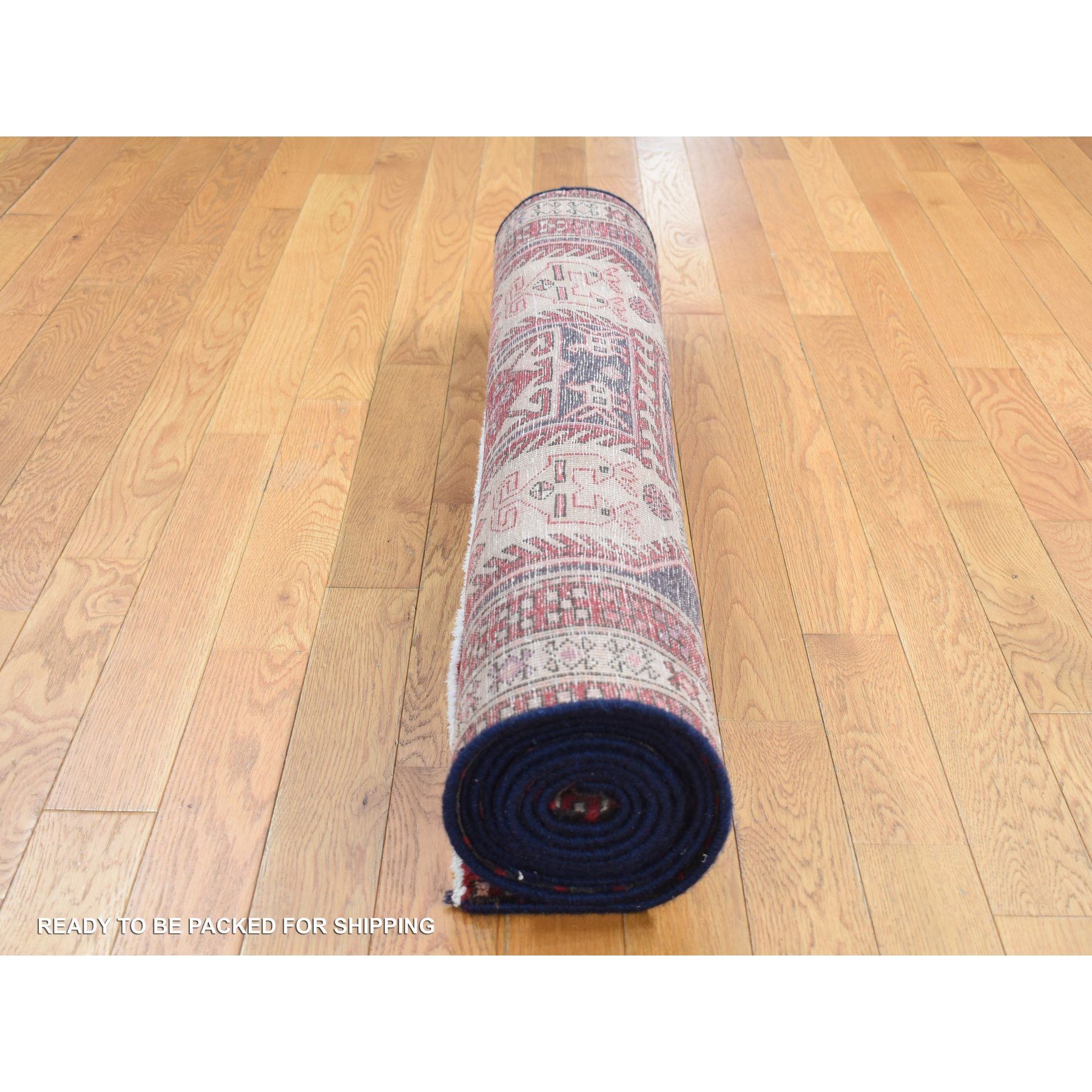 3'8"x10' Independence Blue, Vintage Persian Northeast, Oblengated Geometric Motifs, Pure Wool, Hand Knotted, Wide Runner Oriental Rug Sh87386