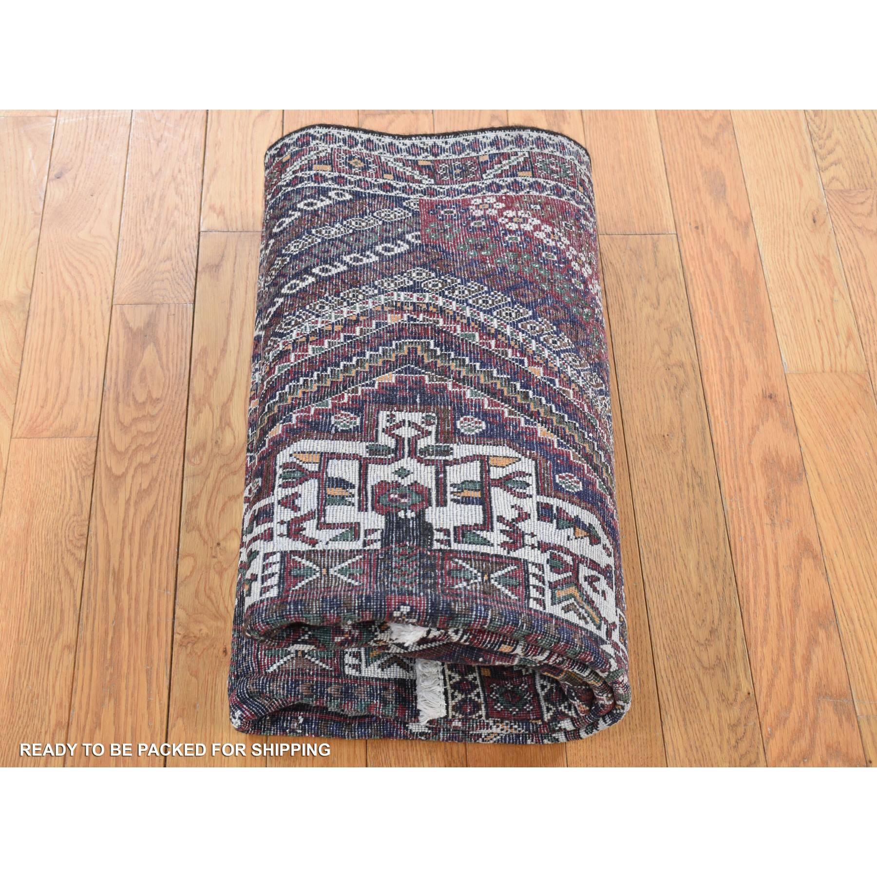 4'1"x5'9" Millennium Blue, Vintage Persian Shiraz Intricate Design, Pure Wool, Hand Knotted, Oriental Rug Sh87399