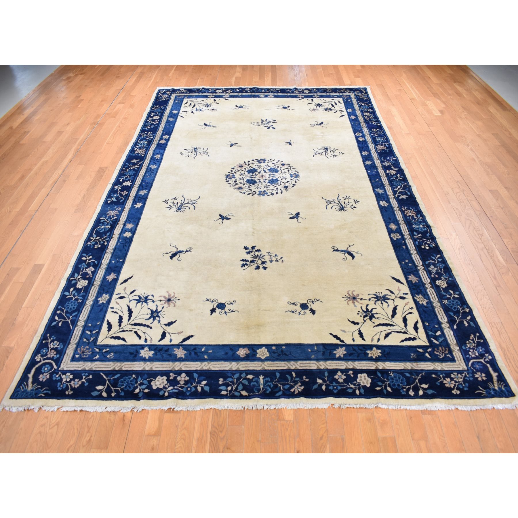 9'x14'2" Cream Color, Antique Chinese Peking with Butterflies, Hand Knotted, Full Pile, Pure Wool, Mint Condition, Clean and Soft, Long and Narrow, Oriental Rug Sh87402