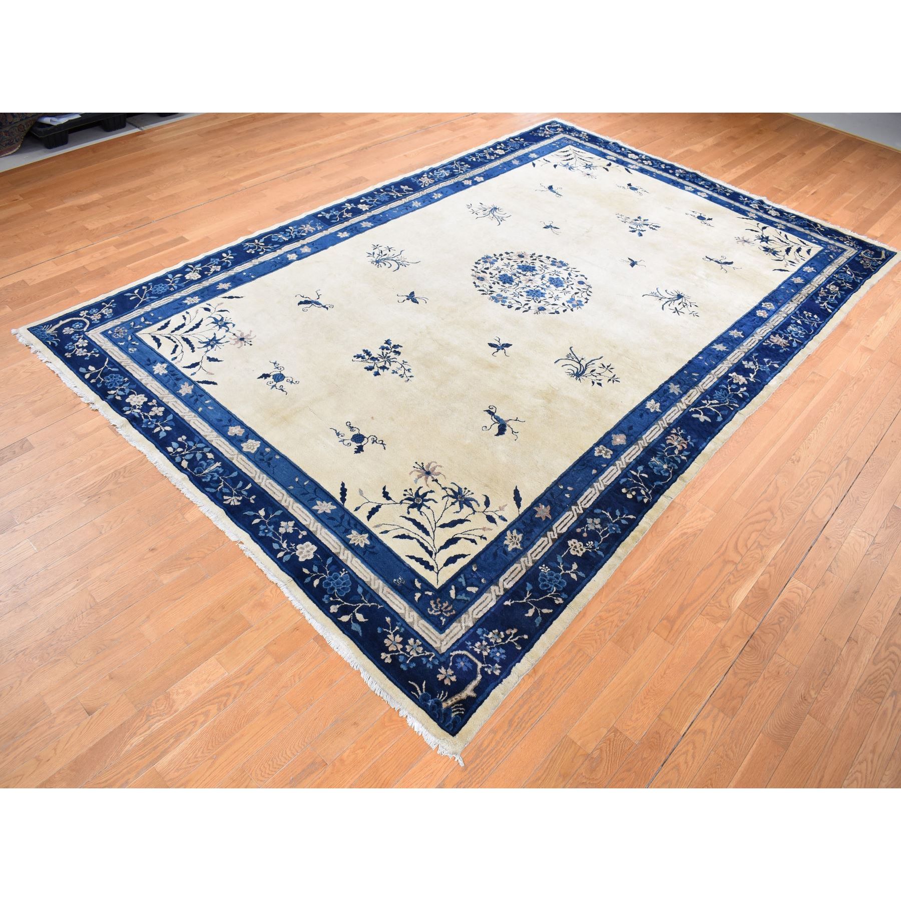 9'x14'2" Cream Color, Antique Chinese Peking with Butterflies, Hand Knotted, Full Pile, Pure Wool, Mint Condition, Clean and Soft, Long and Narrow, Oriental Rug Sh87402