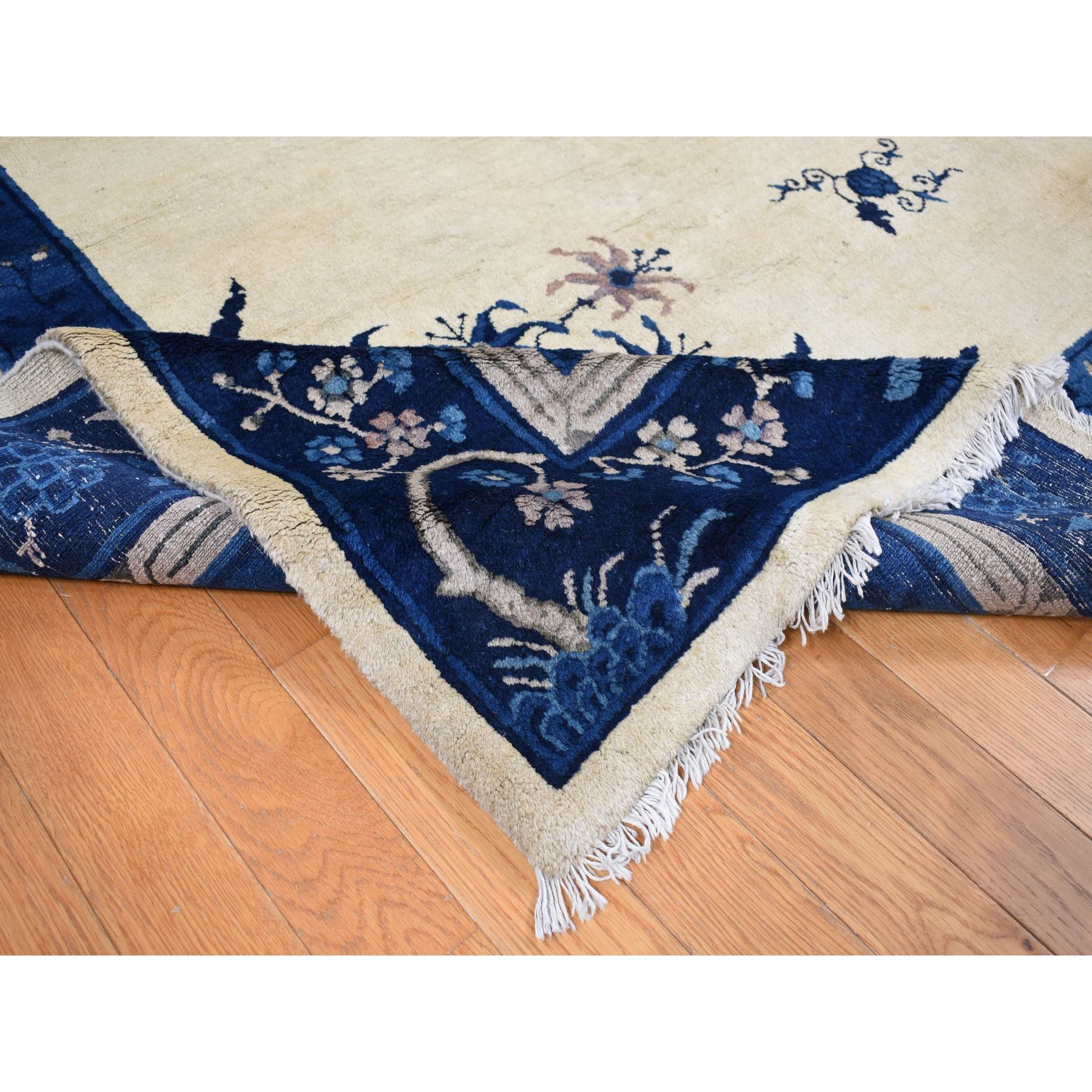 9'x14'2" Cream Color, Antique Chinese Peking with Butterflies, Hand Knotted, Full Pile, Pure Wool, Mint Condition, Clean and Soft, Long and Narrow, Oriental Rug Sh87402