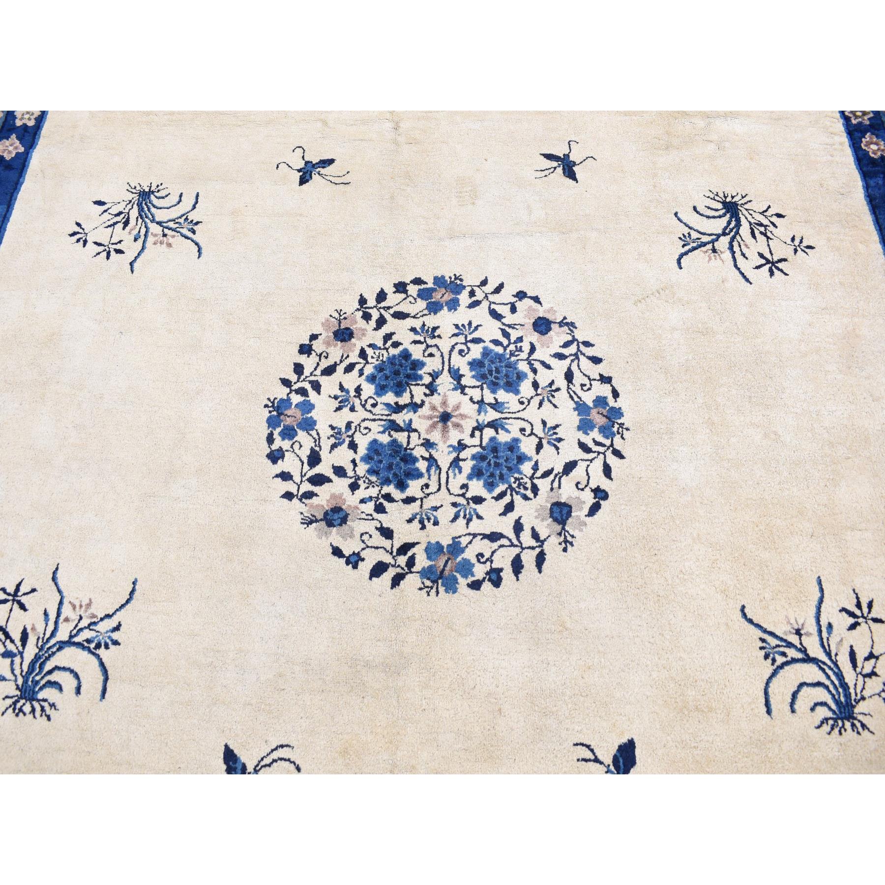 9'x14'2" Cream Color, Antique Chinese Peking with Butterflies, Hand Knotted, Full Pile, Pure Wool, Mint Condition, Clean and Soft, Long and Narrow, Oriental Rug Sh87402