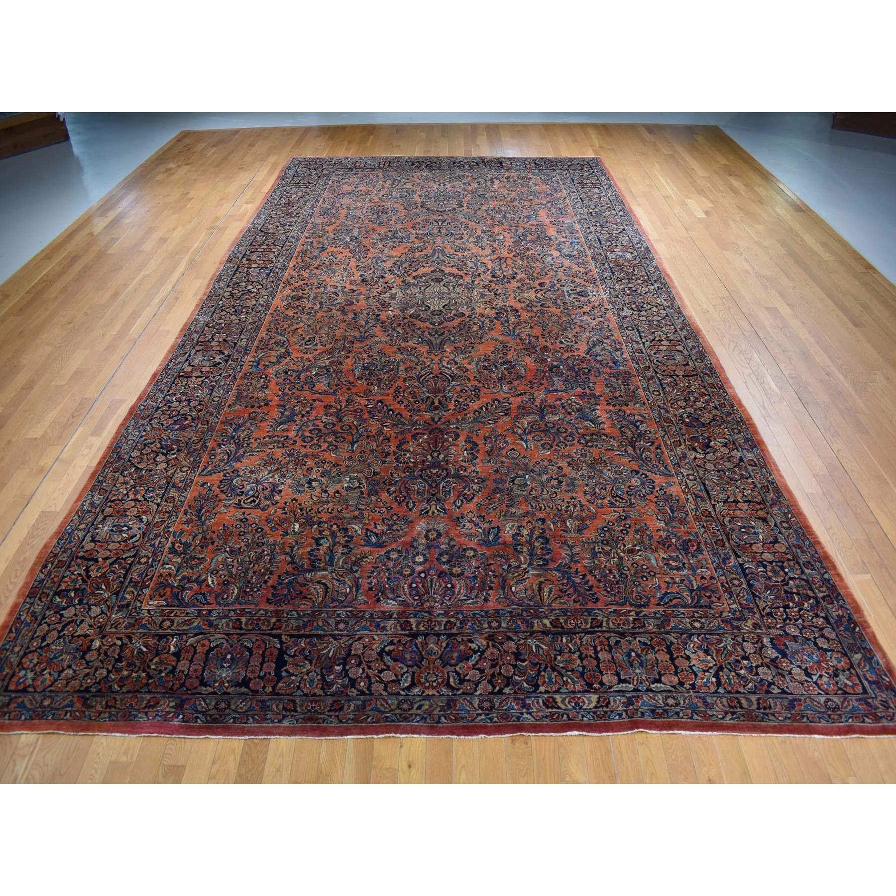 10'6"x19'3" Prismatic Red, Antique Persian Sarouk, Pure Wool, Full Pile, Mint Condition, Hand Knotted, Clean and Soft, Long and Narrow Shape, Oriental Rug Sh87403