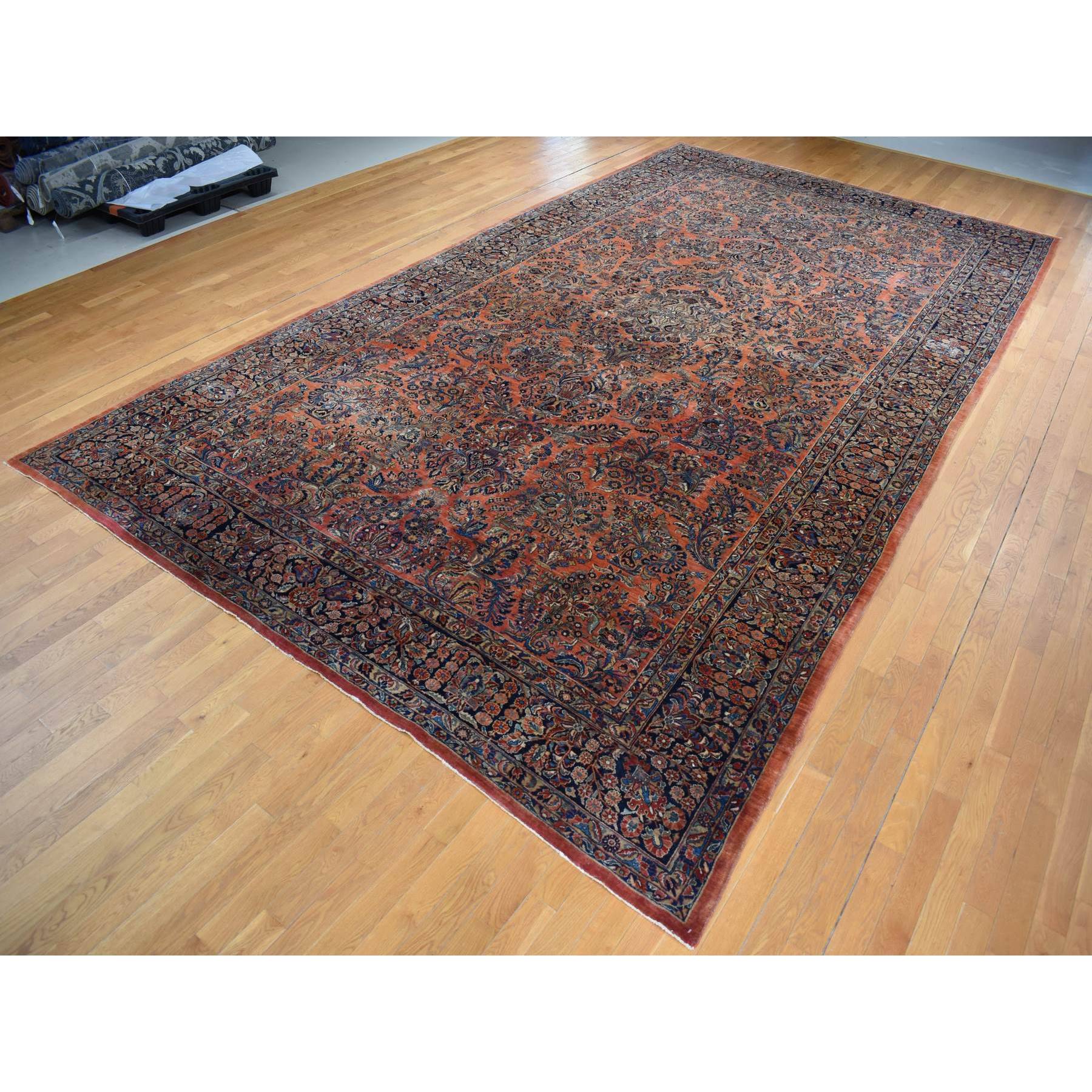 10'6"x19'3" Prismatic Red, Antique Persian Sarouk, Pure Wool, Full Pile, Mint Condition, Hand Knotted, Clean and Soft, Long and Narrow Shape, Oriental Rug Sh87403