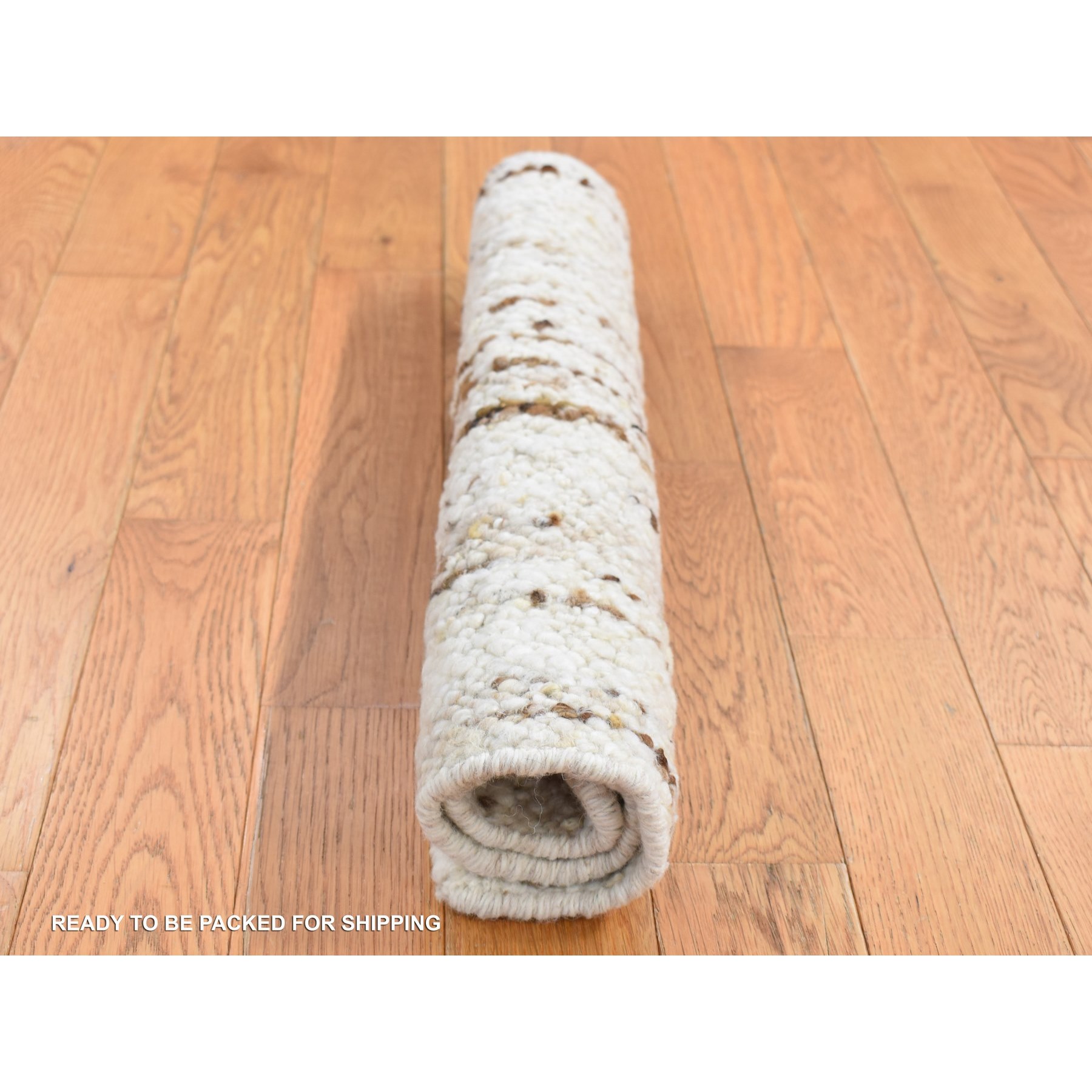 1'8"x1'8" Ivory, Modern Thick Chunky Texture, 100% Wool, Hand Knotted, Sample Fragment, Square Oriental Rug Sh87408
