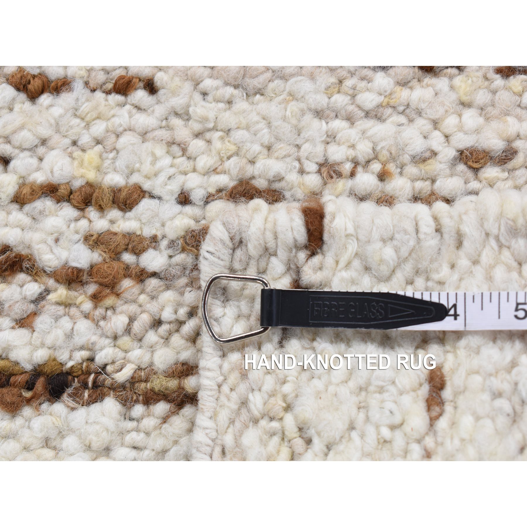 1'8"x1'8" Ivory, Modern Thick Chunky Texture, 100% Wool, Hand Knotted, Sample Fragment, Square Oriental Rug Sh87408