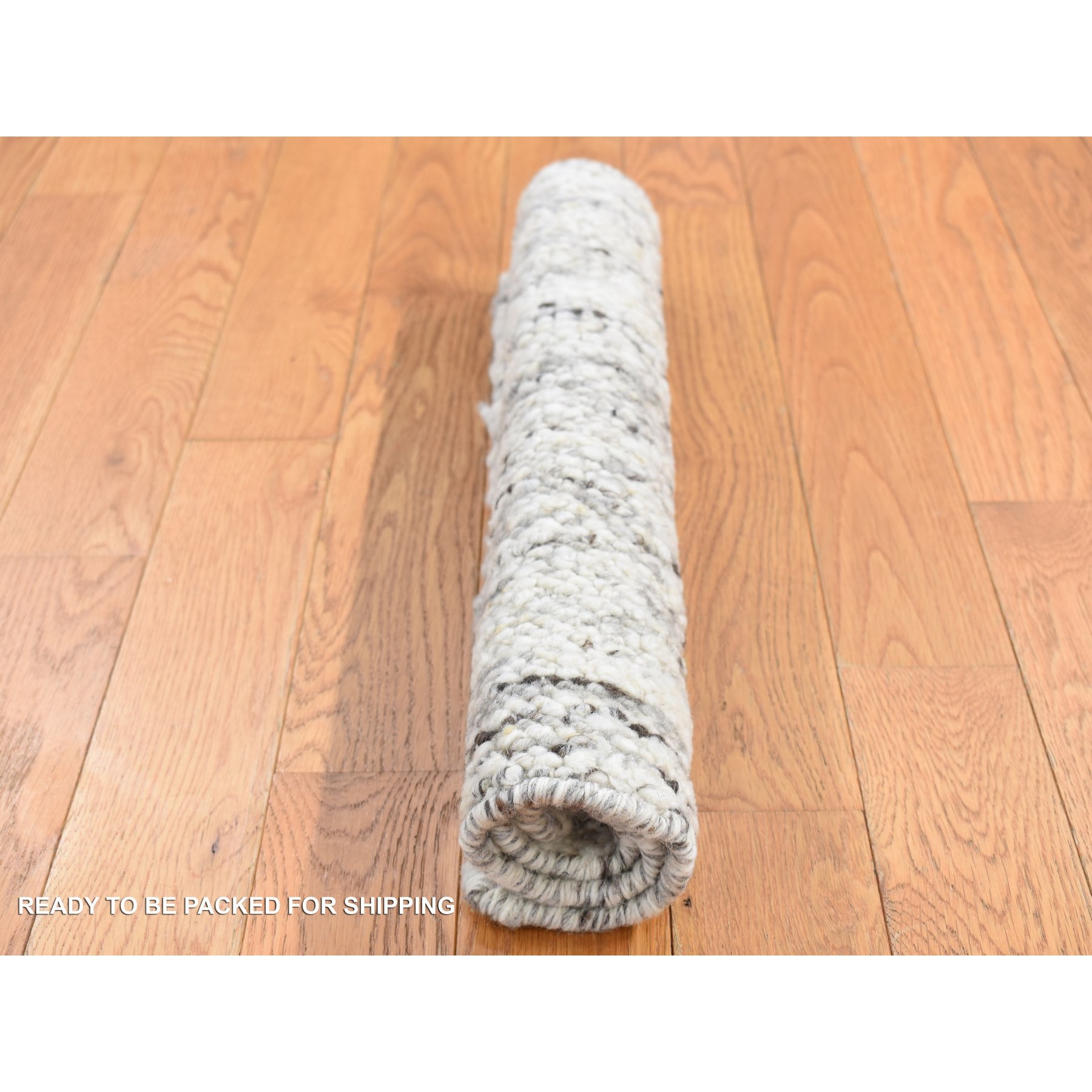 1'10"x1'10" Ivory, 100% Wool, Hand Knotted, Thick Chunky Texture, Natural Undyed Wool, Sample Fragment, Square Oriental Rug Sh87409